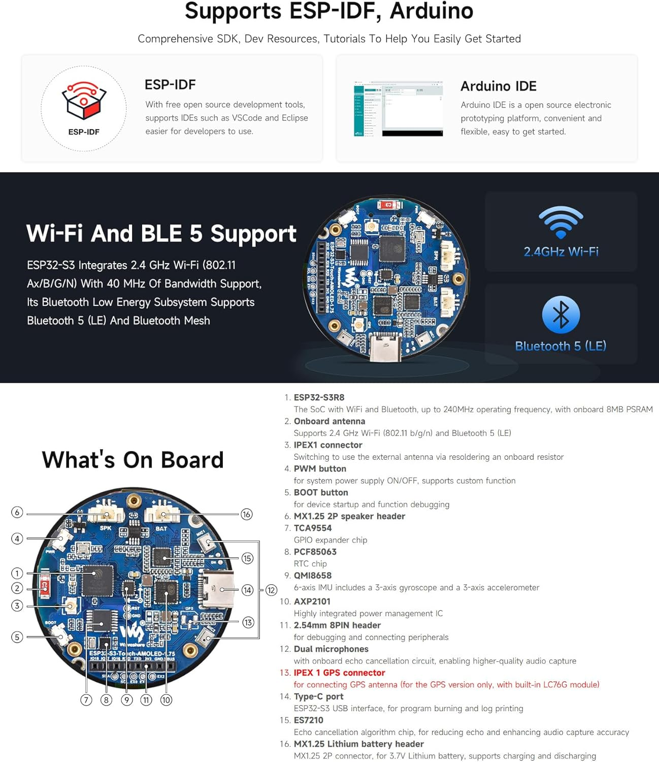 Waveshare ESP32-S3 1.75Inch AMOLED round Touch Display Development Board, 32-Bit LX7 Dual-Core, 466&times;466, QSPI, Dual Digital Microphones Array, ESP32 with Display, with Case image number 4