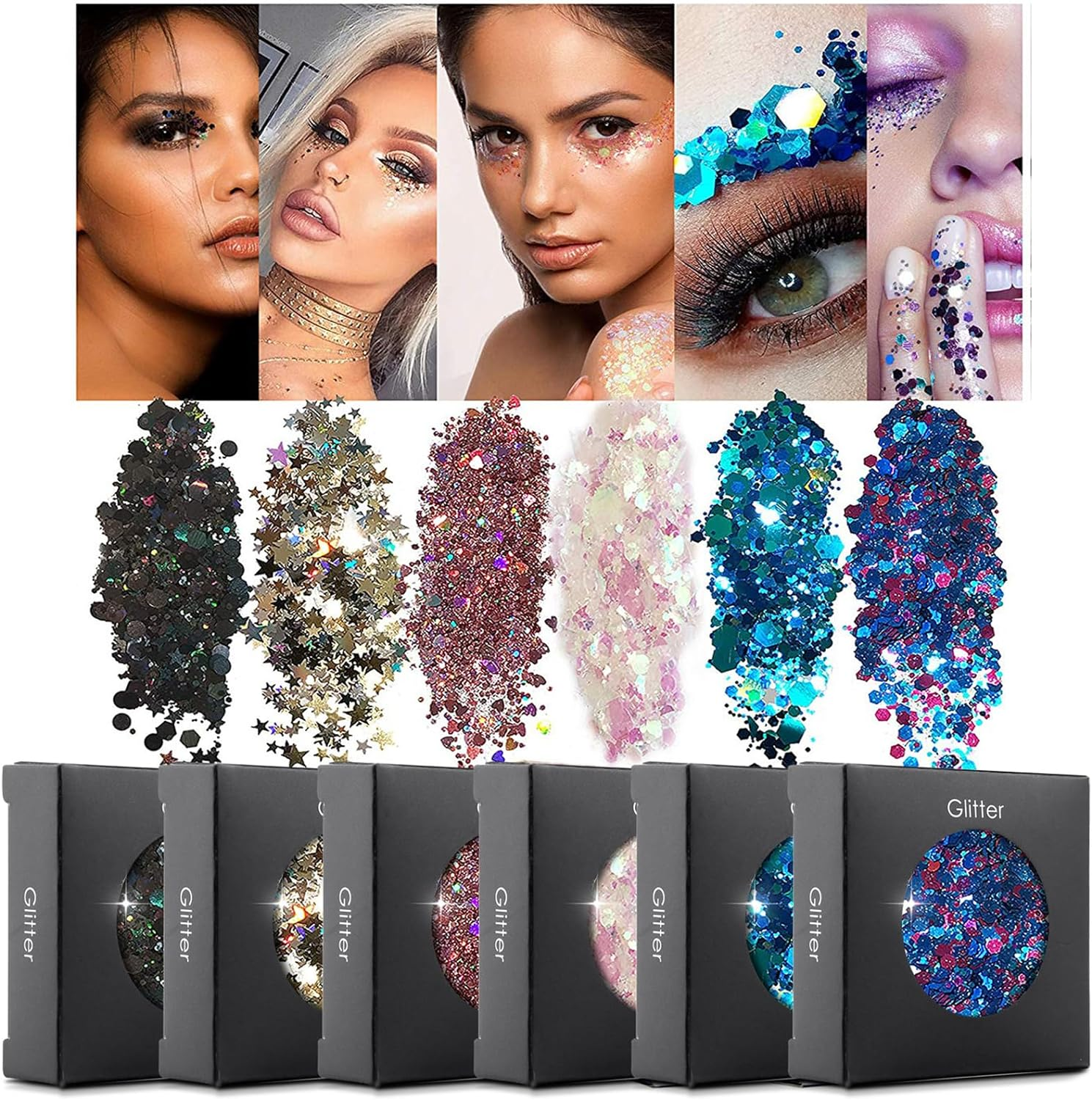 Joyeee Nail Glitter, 6Colors Chunky Holographic Glitter for Body Face, Professional Nail Art Accessory Supplies DIY at Home, Multiuse Glitter Body Tattoo Makeup for Kids Girl Party Wedding Festival
