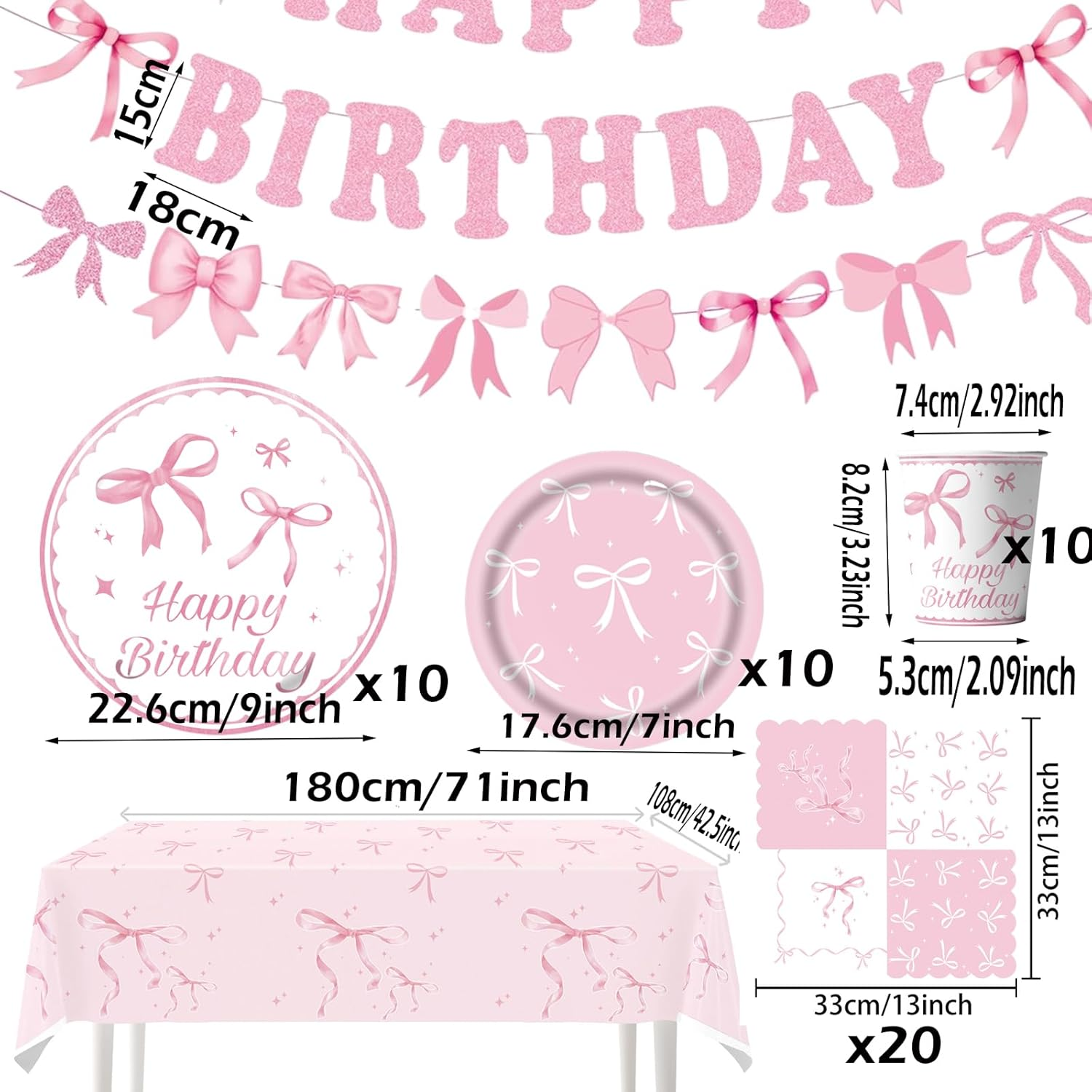 76PCS Happy Birthday Party Tableware Plates Romance Pink Bow Banner Tableware Set Valentine'S Day Party Decorations Theme Disposable Paper Plates Napkins Cups Tablecloth Party Table Decor Upgraded image number 1