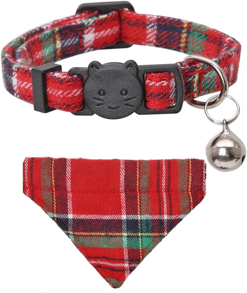 Christmas Cat Collar Breakaway with Cute Removable Bow Tie Bandana and Bell for Kitty Adjustable Safety Plaid