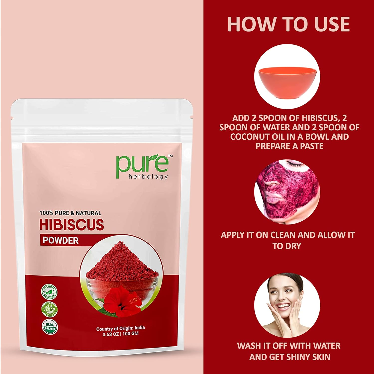 Pure Herbology Pure & Natural Hibiscus Flower Powder for Face Packs and Hair Growth & Care, 200Gm image number 5