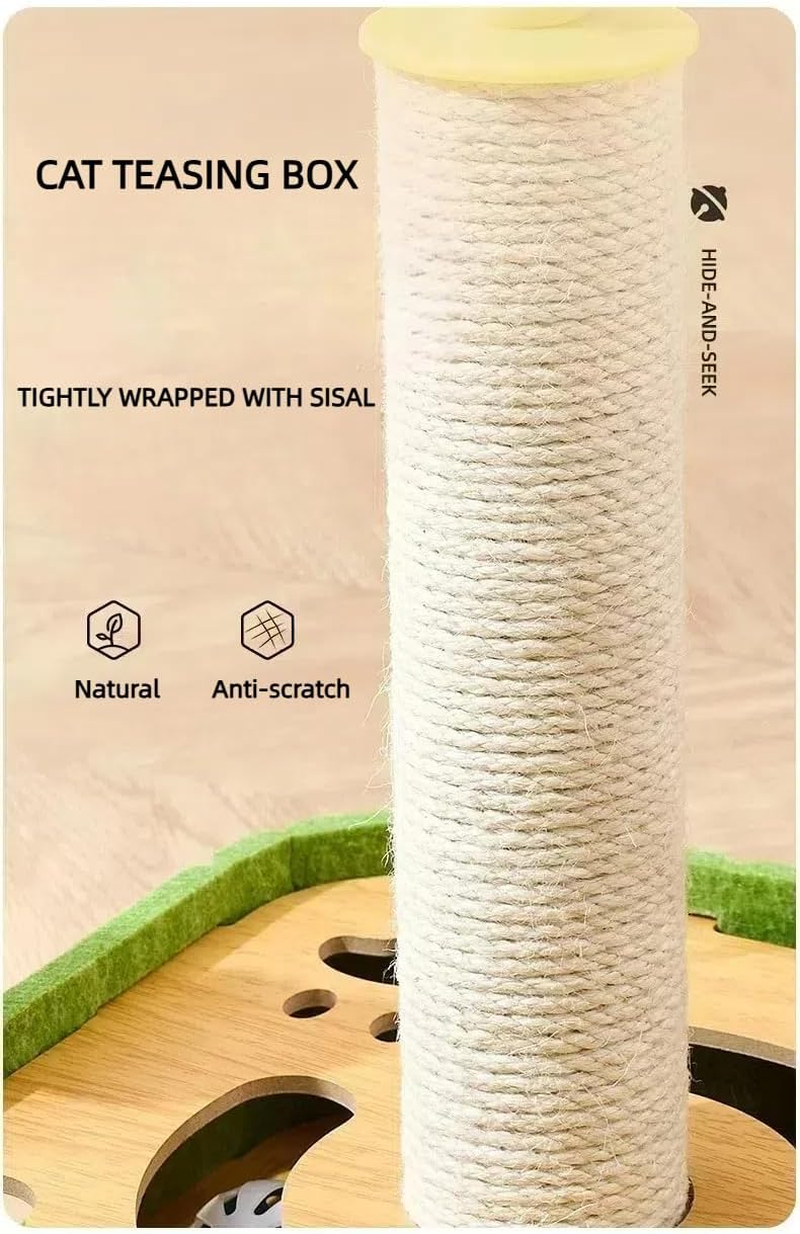 Cat Scratcher with Sisal Post and Interactive Maze Box &ndash; Rotating Teaser Wand, Wooden Base + Felt Material Puzzle Toy for Indoor Cats Play, Base Size 11.8"*11.8" (30 * 30Cm) Height 13.5" (35Cm) image number 2