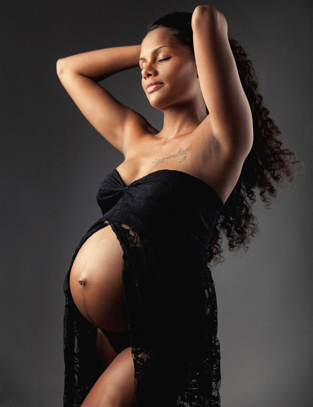 VSNOW Maternity off Shoulder Lace Photography Dress Front Split Sleeveless Maxi Chiffon Gown for Photoshoot image number 7