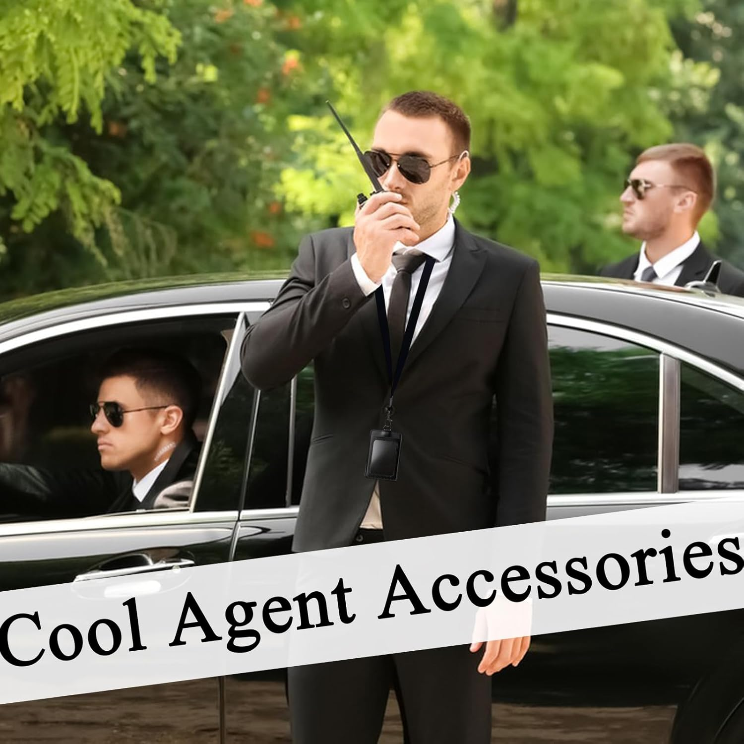 5 Pcs Agent Accessories Set, Security Guard Cosplay Kit with Sunglasses, Tie, Card Holder, Earpiece Tube for Adults, Kids Cosplay Dress up Party image number 3