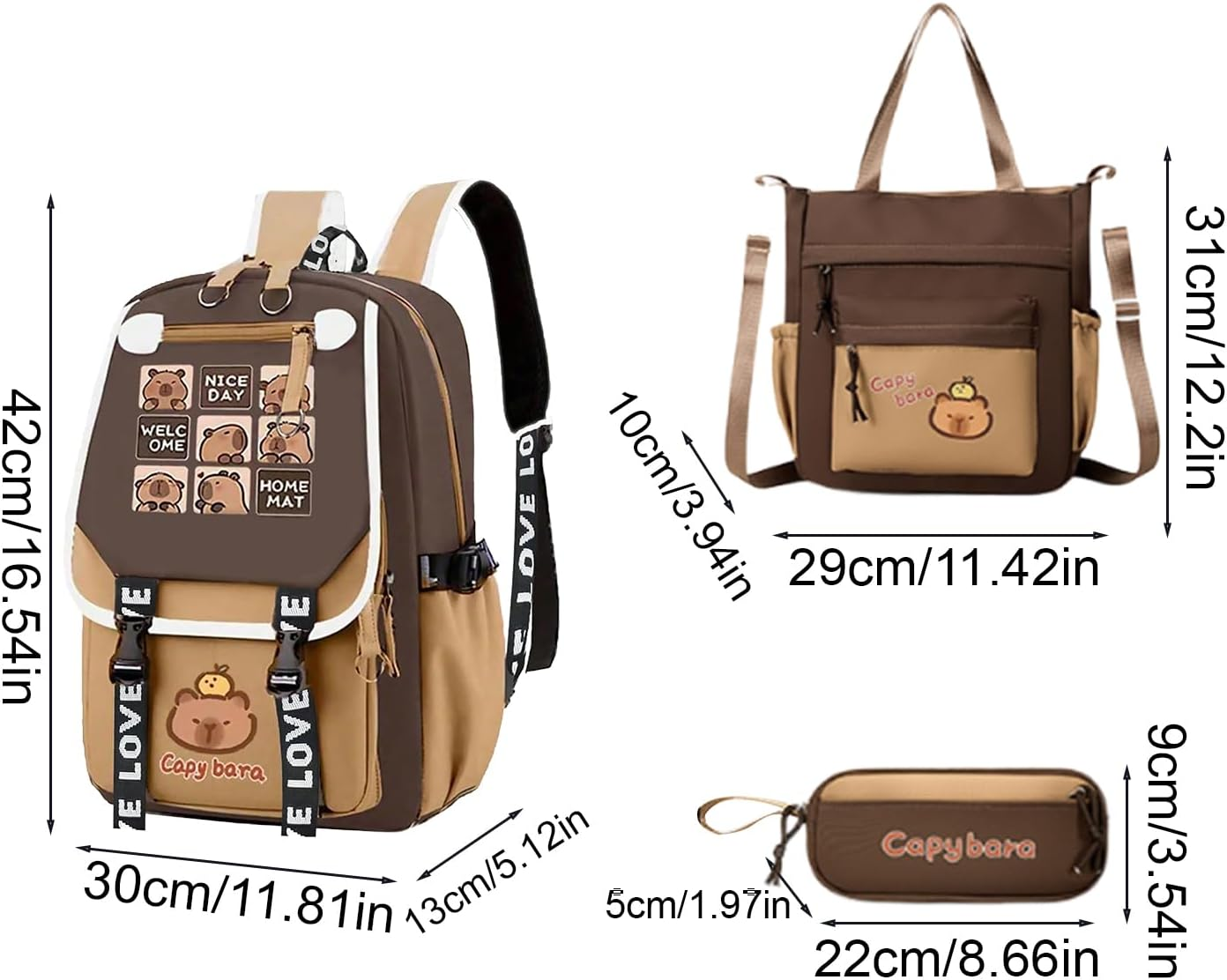 Gupcaqosjw Backpack for Girls,Cute Junior High School Capybara Bookbag - Stylish Children Bookbag with Messenger Bag and Pencil Case for Textbooks Water Cups Stationery Pen Tissue - B image number 6