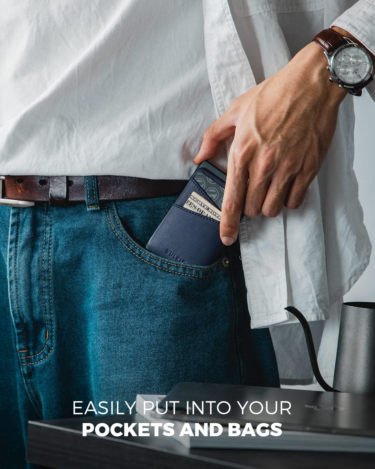 VULKIT Credit Card Holder Pop up Wallet with Extra Leather Slots RFID Blocking Slim Metal Card Case for Men or Women(Blue) image number 6