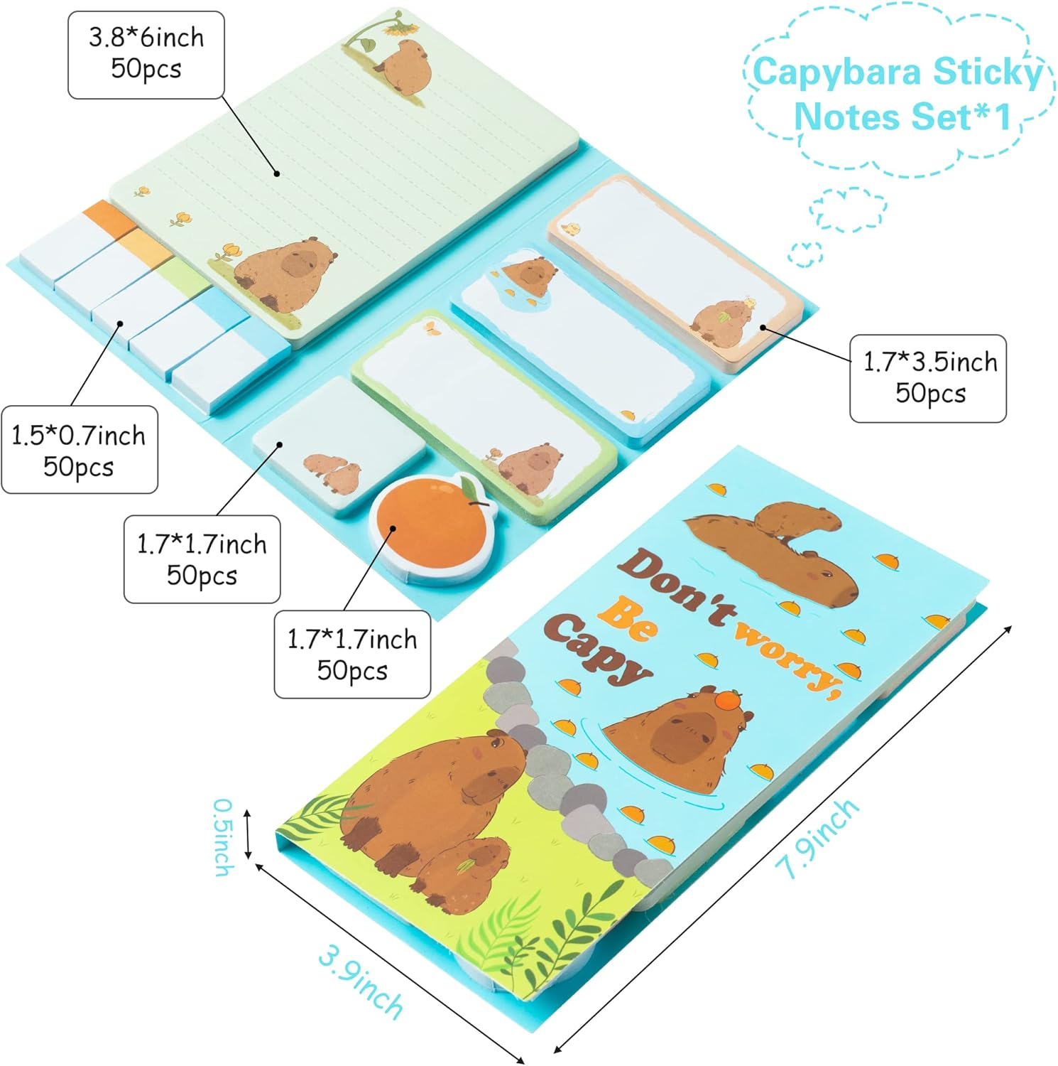 Xqumoi Don'T Worry Be Capy Sticky Notes Set, 550 Sheets, Capybara and Orange Pattern Self-Stick Notes Pads Animal Divider Tabs Bundle Writing Memo Pads Back to School Office Supplies Small Gift image number 4