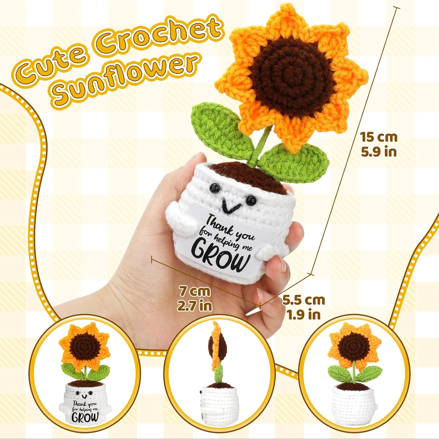 ZCOINS Emotional Support Positive Crochet Sunflower Pot, Small Positive Crochet Plush Sunflower Plant Teacher Appreciation Gift, Mini Inspirational Funny Desk Decor, Emotional Thank You Gifts for Mum image number 3