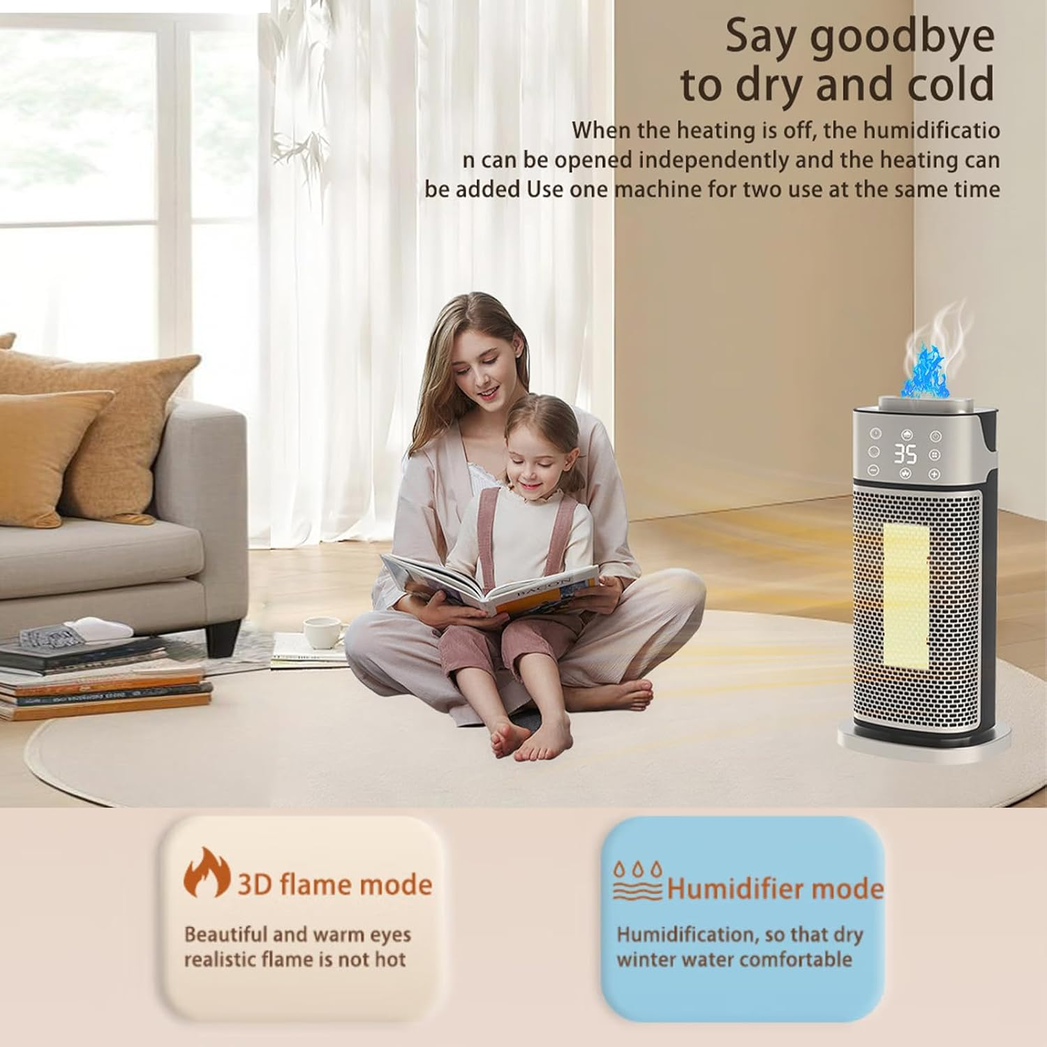 Space Heater Indoor with Humidifier & Flame Night Light - 2000W PTC Ceramic Heater Fast Heating with Remote, Oscillation, Timer with Thermostat for Office Bedroom (AU Plug) image number 4