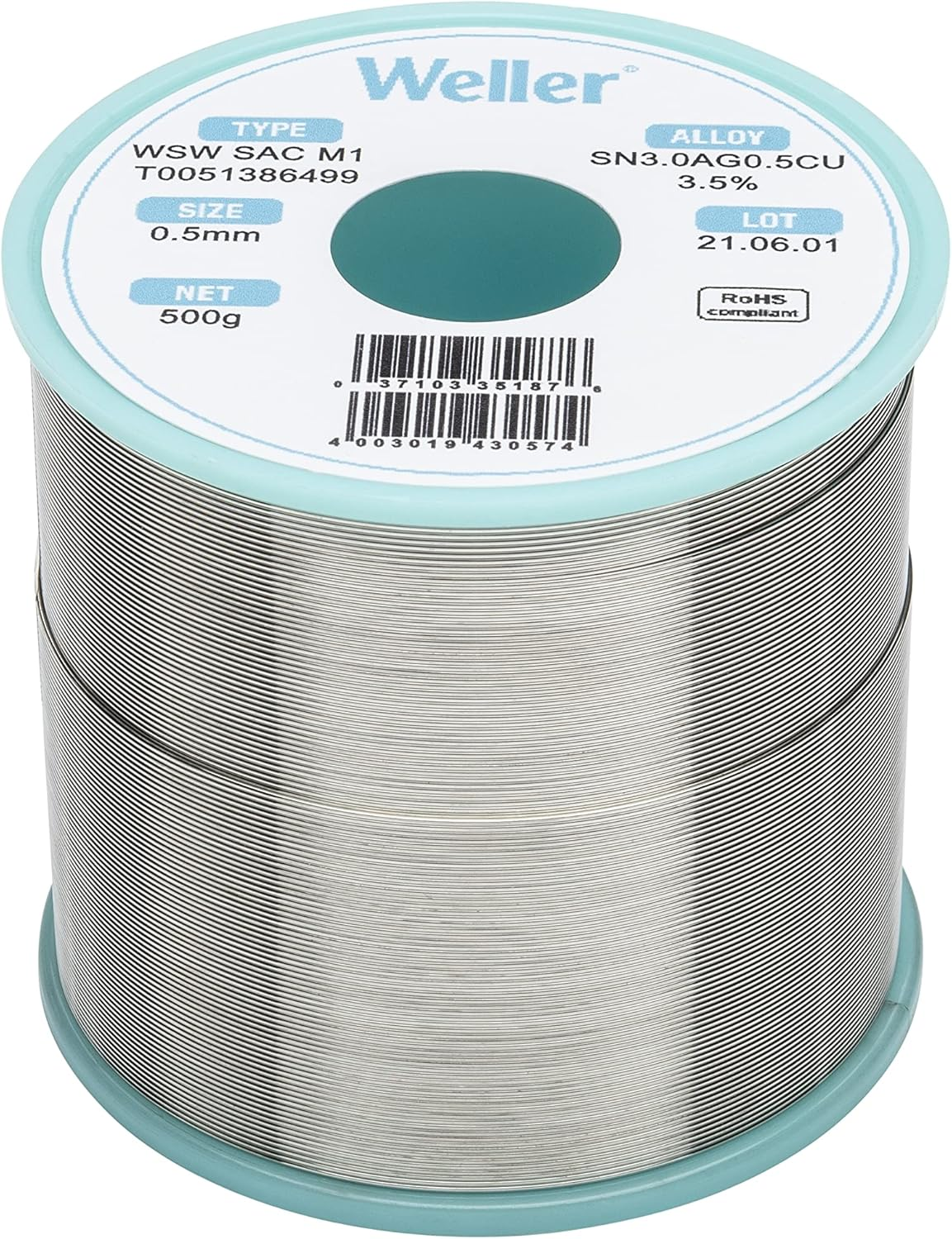 Weller WSW SAC M1 (T0051388299) Solder Wire, Dia: 0.5 Mm / 0.020 In, Wt: 100 G / 3.527 Oz, Alloy Sn96.5Ag3.0Cu0.5, Flux Content 3.5% image number 4