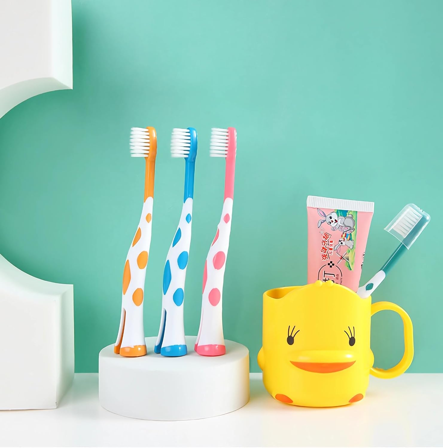 4Pcs Giraffe Kids Toothbrush with Tongue Coating Cleaning Design, Featuring a Brush Head Protective Cover and a Standing Handle Fun Toddler Toothbrush image number 4
