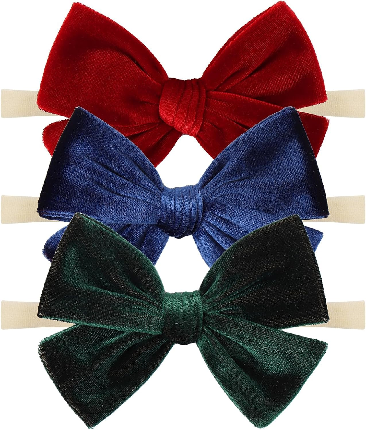 ONENINEDREAM Baby Girls 4" Velvet Hairband Handmade Tied Bow Elastic Nylon Hair Accessories, 3 Pcs Red, Green, Dark Green