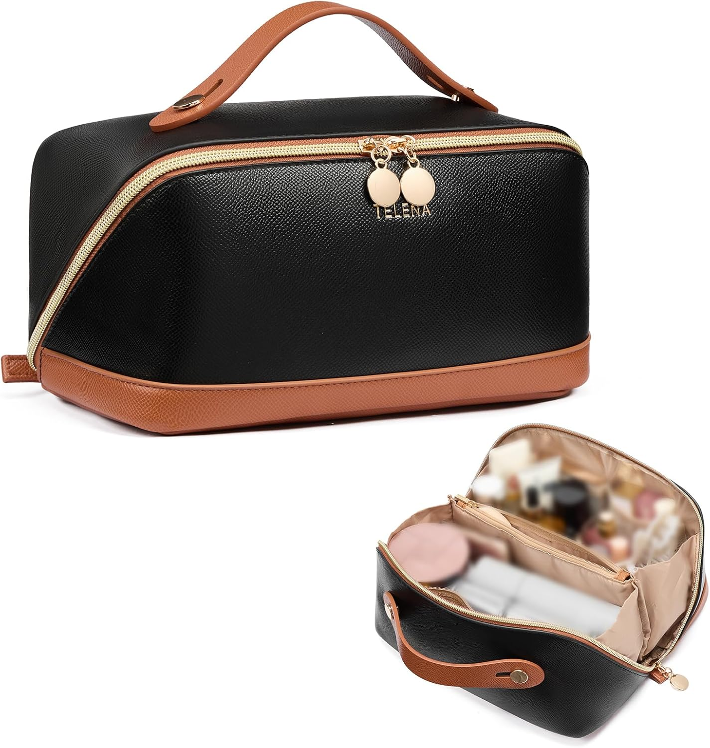 DDPOND Makeup Bag Large Capacity Travel Cosmetic Portable PU Leather Water Resistant Organizer Bags for Women with Handle and Divider Open Flat Beige with Brown