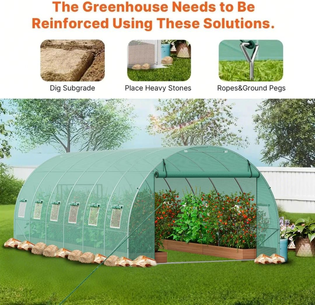 VEVOR Walk-In Tunnel Greenhouse, 29.2X9.7X6.5 Ft Hoop House Greenhouse Tunnel, Plant Hot House with Galvanized Steel Frame, Green PE Cover, Roll-Up Zipper Door and 12 Windows for Outdoor