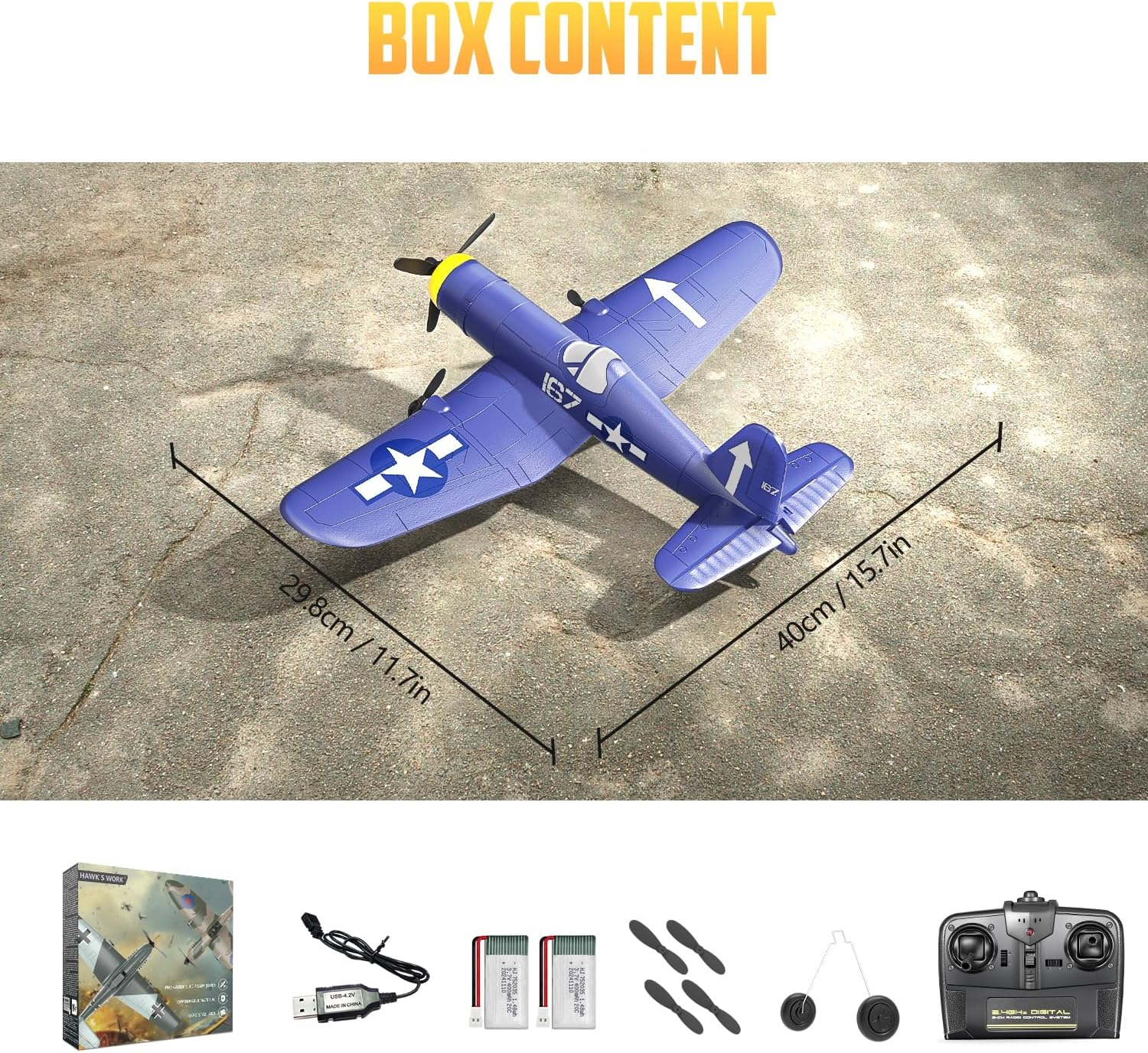 HAWK'S WORK 3 Channel RC Plane F4U Corsair, Remote Control Warbird Ready to Fly, 2.4Ghz 6-Axis Gyro Stabilizer, Easy to Fly for Kids & Beginners image number 1