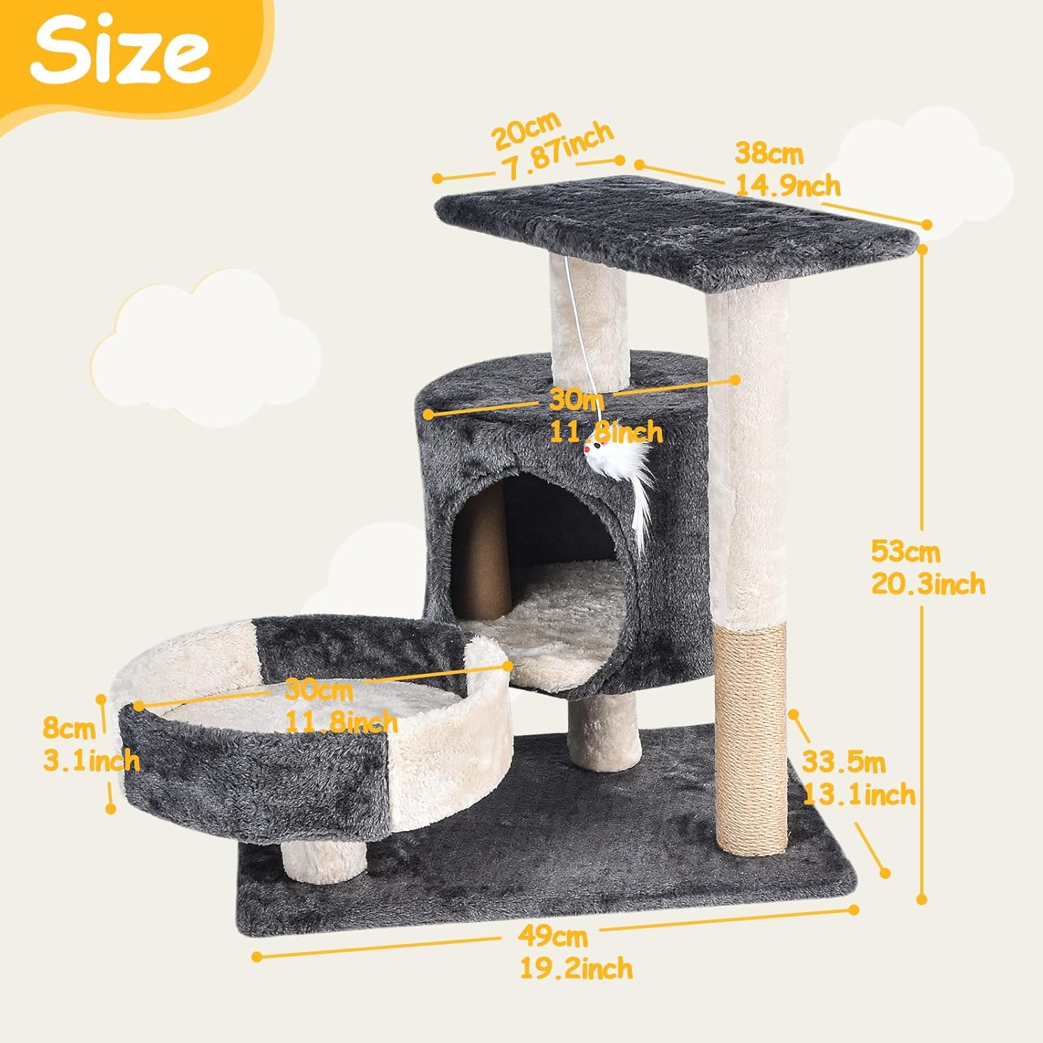Cat Tree with Sisal-Covered Scratching Posts and Pads, Activity Centre Climbing Tree Furniture with Cat Condo, Cat Tower for Medium Cats Grey