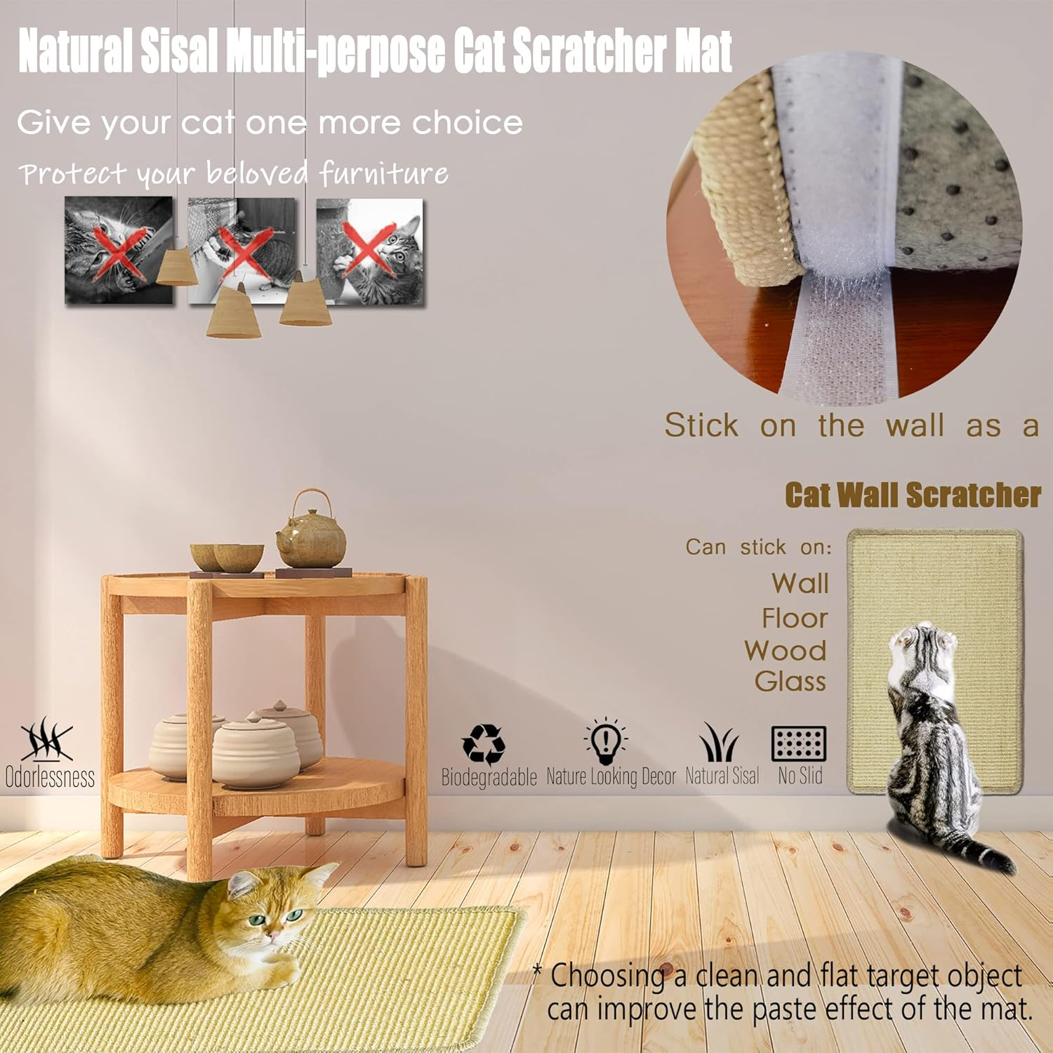 Pethave Cat Scratcher Mat, 23.6X15.7' Natural Sisal Scratching Pad with Velcro Tape, Stick on Floor and Wall Cat Scratch Mat Protects Carpet and Sofa - Gray image number 2