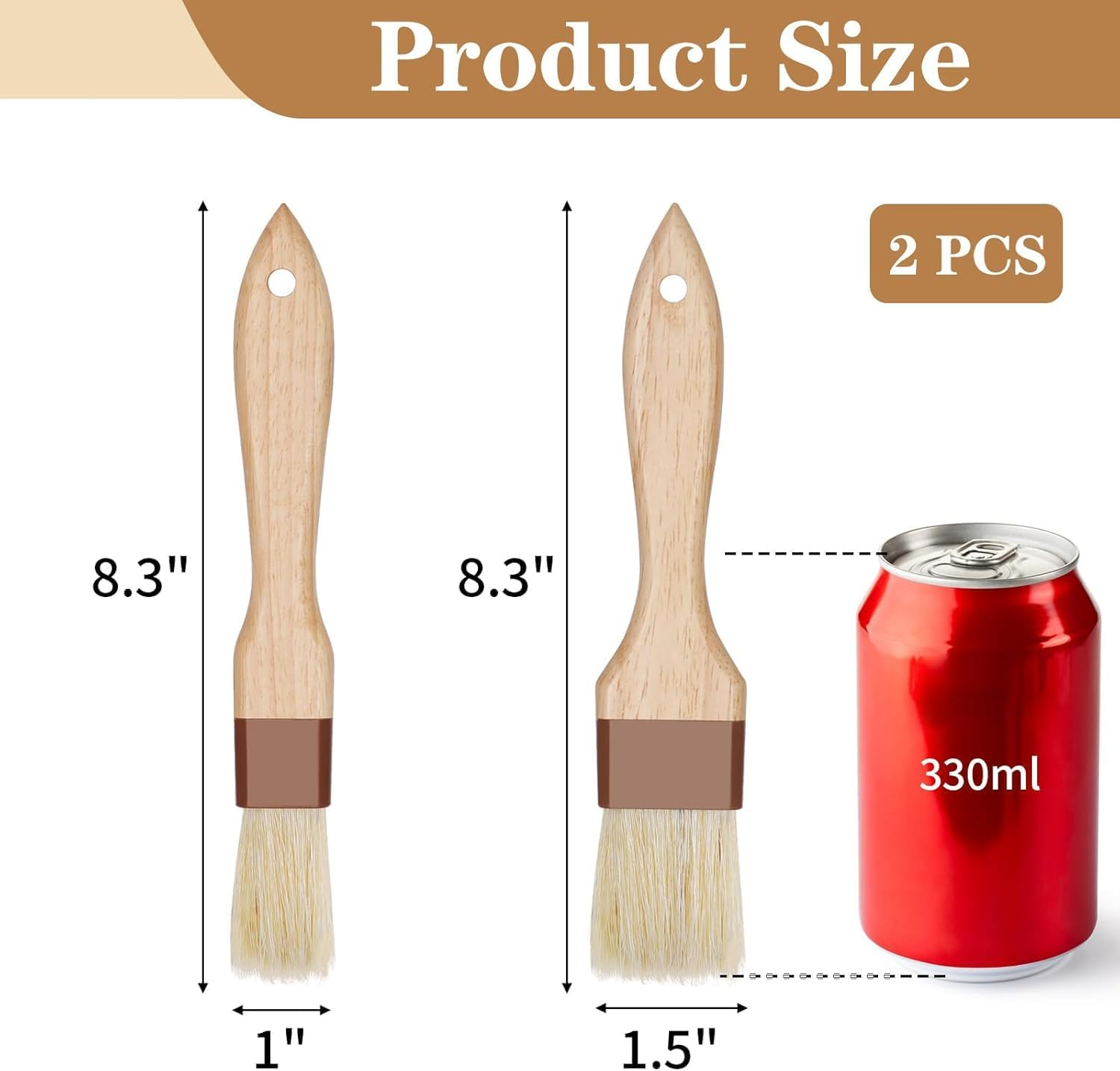 Natural Bristle Pastry Brushes 2-Pack, Dual Sizes (1" & 1.5") Beechwood Handle Basting Brushes for Cooking, Grilling, Baking, Oil, Butter & Marinade image number 1