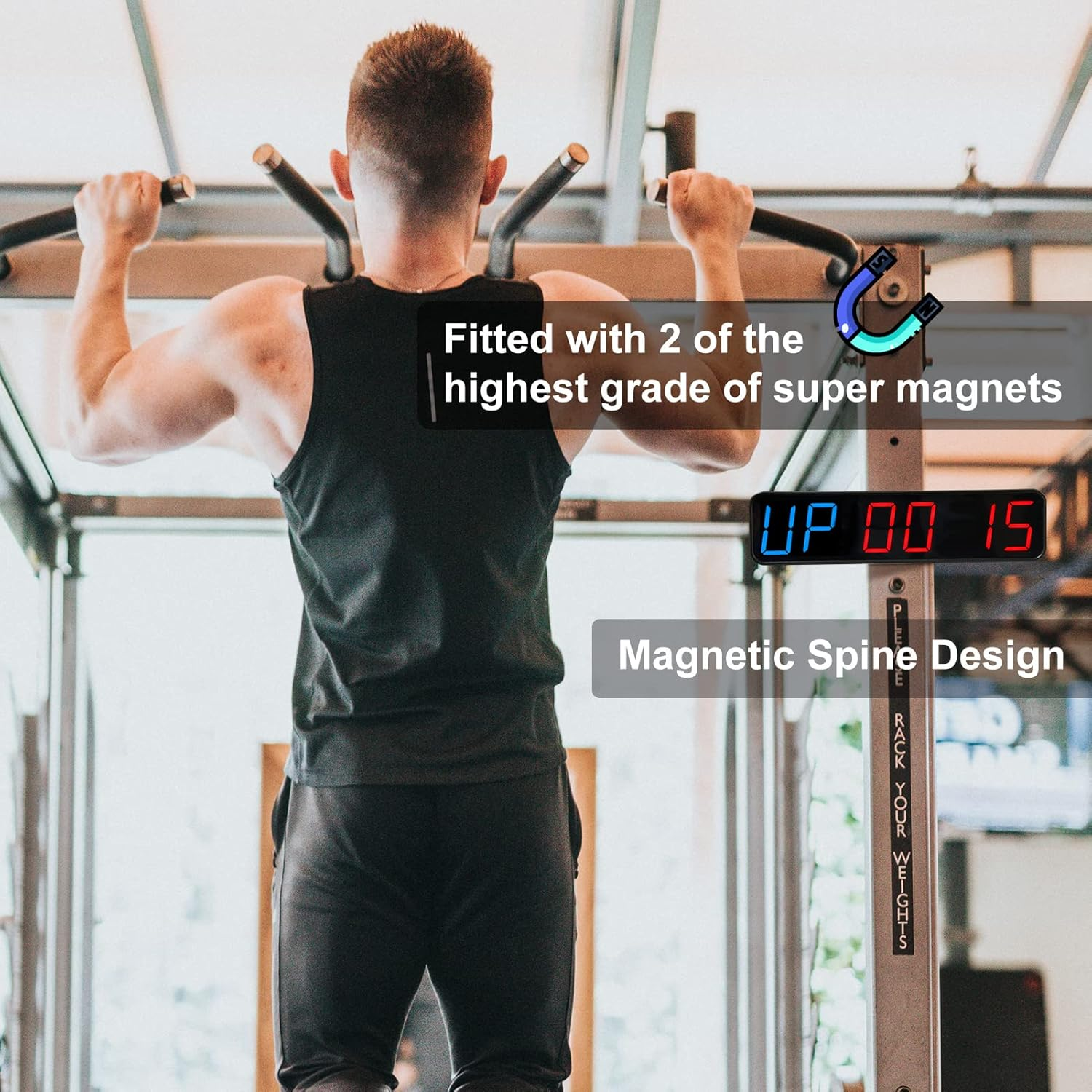 Gym Timer, Portable, Interval Timer with Rechargeable Battery and Built-In Magnet, Large LED Digital anti Vertigo Display, Upgraded Workout Clock for Home Gym Garage Fitness Boxing 1.5" image number 1