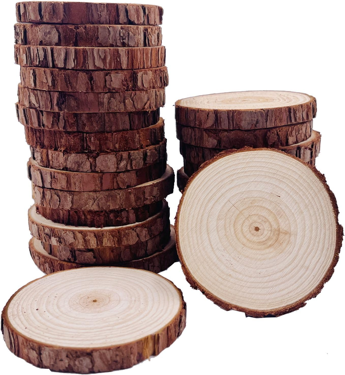 William Craft Natural Wood Slices 25 Pcs 3.1-3.5 Inches Unfinished Wood Craft Kit Undrilled Wooden Circles without Hole Tree Slice with Bark for Arts Painting Christmas Ornaments DIY Crafts image number 4