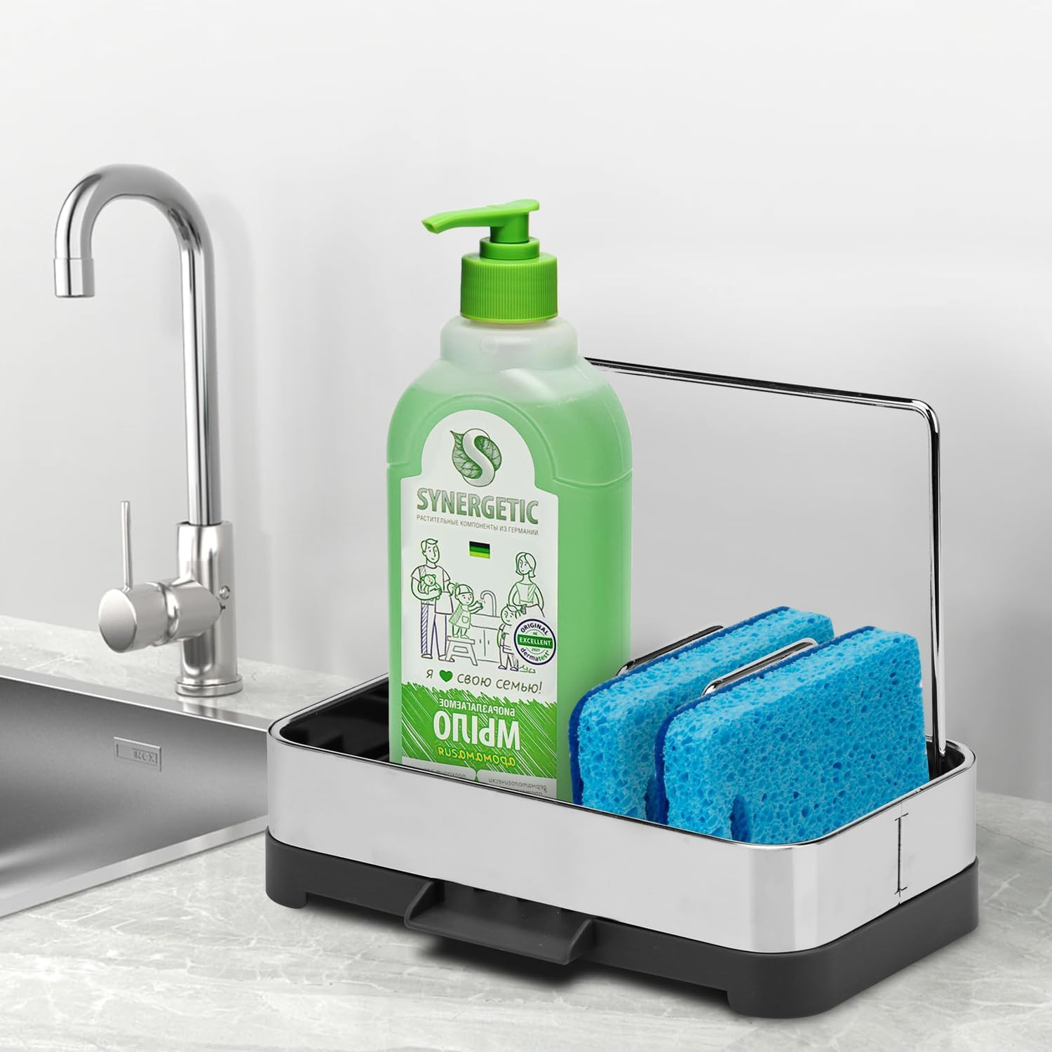 BYUNER Kitchen Sink Caddy Organiser, Sponge Holder for Kitchen Sink Tray Soap Organiser, Dish Organizer Brush Holder Tray Stainless Steel, Cleaning Caddy for Sponges Scrubbers Holders image number 2