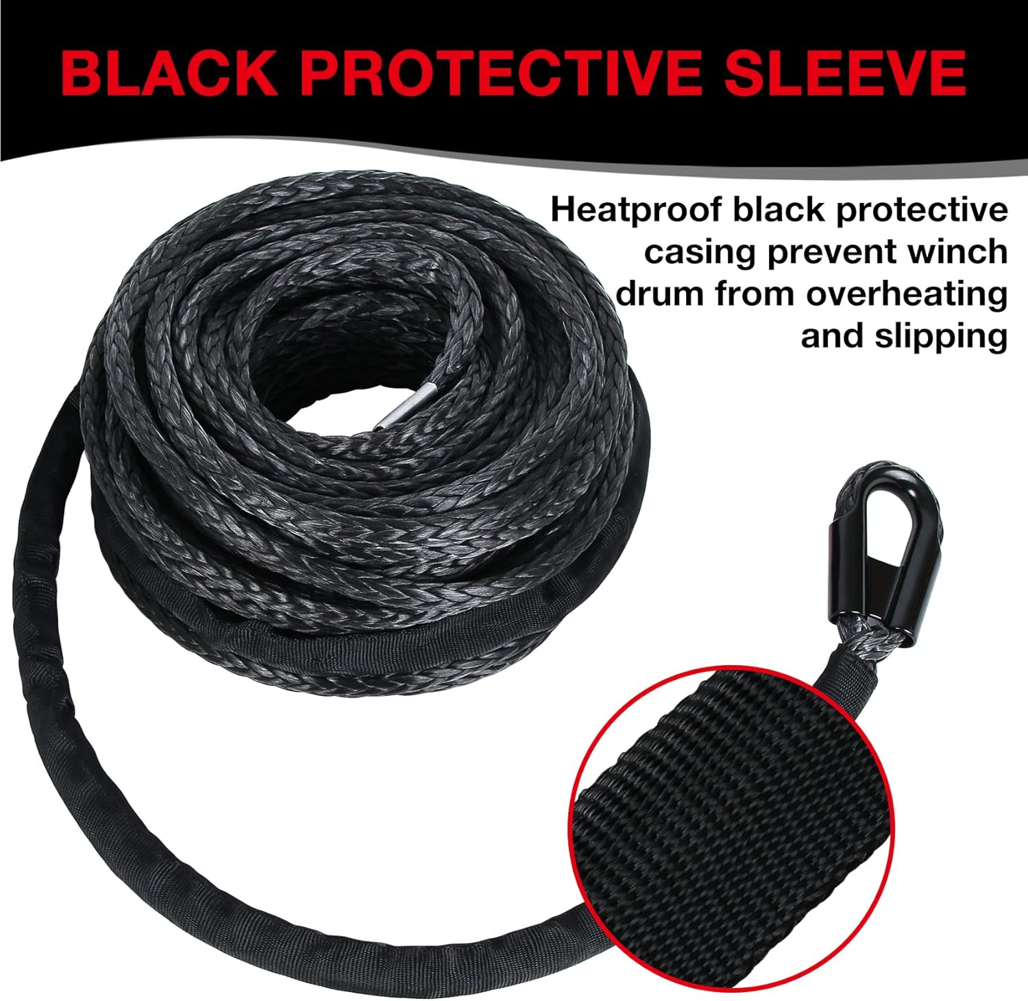 3/8 in X 95 Ft Synthetic Winch Rope with Protecting Sleeve and Thimble, 26,500 Lb Break Strength - Heavy Duty Winch Rope for ATV, UTV, Boat Trailer, Jeep, Quad, Polaris, Winch Cable (Black)