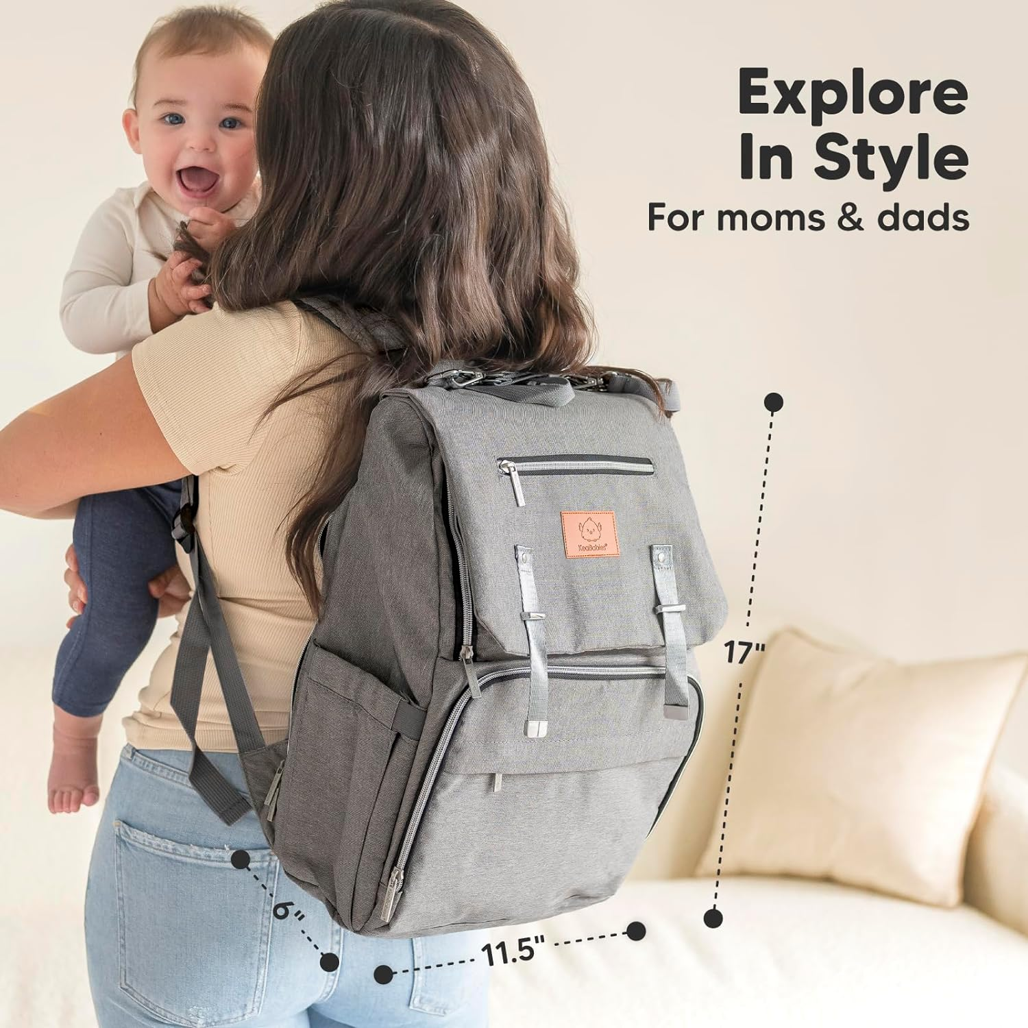 Keababies Diaper Bag Backpack, Waterproof Multi Function Baby Travel Bags (Classic Gray) - Classic Gray image number 5