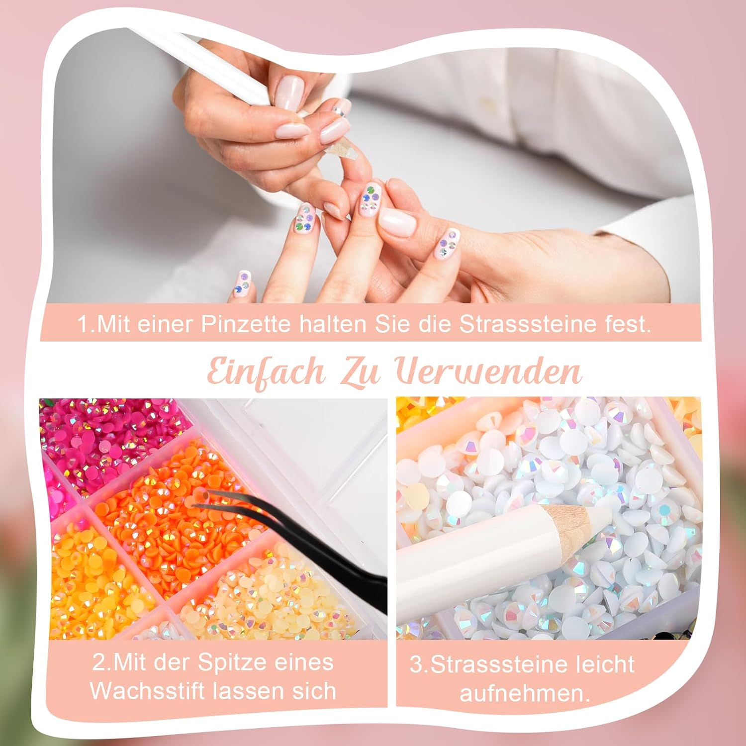 Hopton 24000 Pieces Rhinestone Nails, 24 Colours Glitter Stones for Crafts, round Glitter Gemstones Rhinestones with Tweezers and Wax Pen, Rhinestones Set for DIY Nails Crafts image number 5