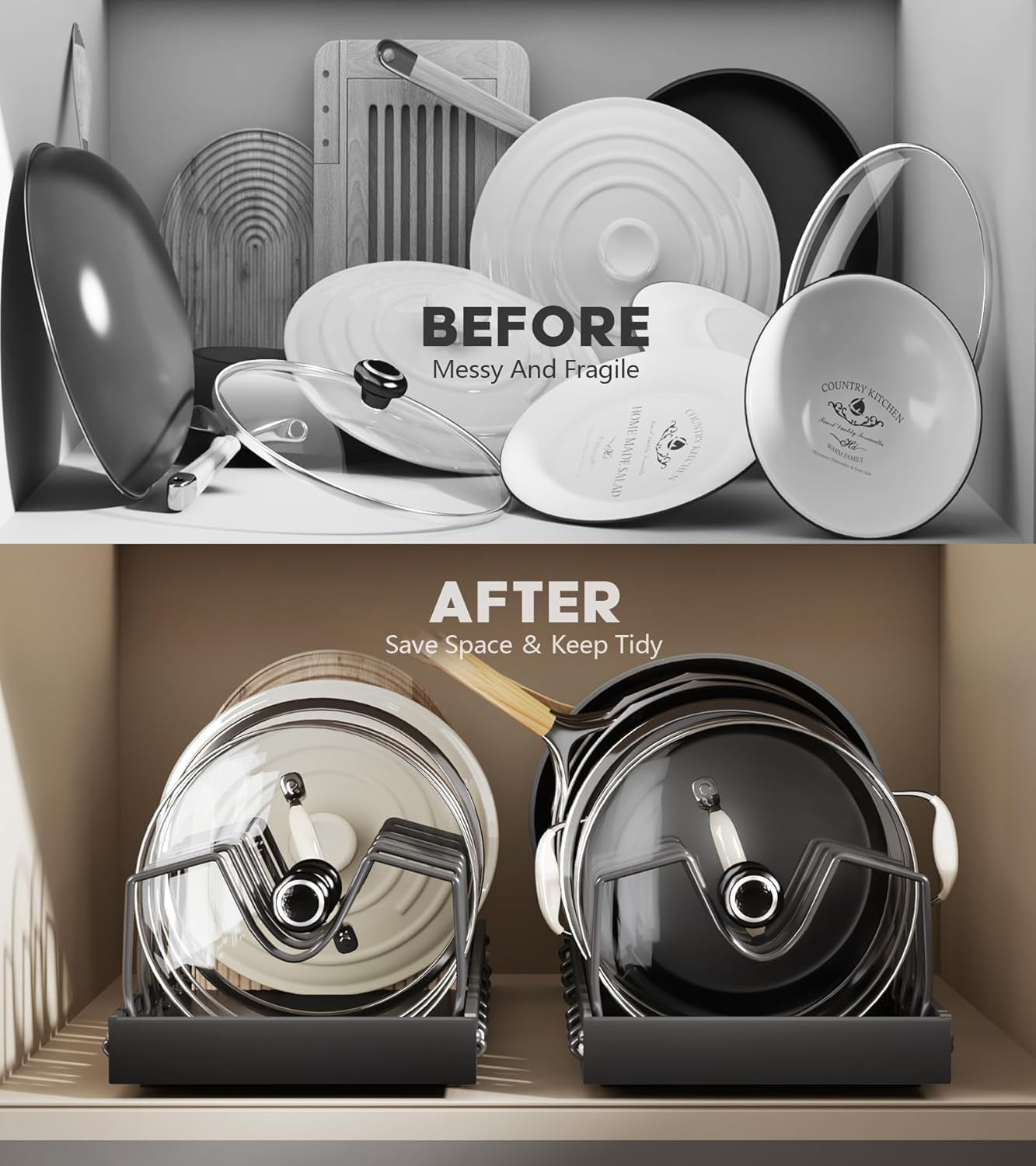 2PACK Pull Out Pots and Pans Organizer under Cabinet, Sliding Lid Holder and Pan Rack in Kitchen, Slide Out inside Cabinet Storage for Pot Lid, Bakeware, Dishes, 8 Adjustable Dividers - Black image number 4