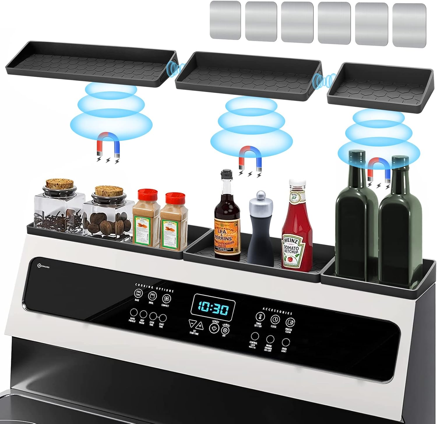 HOOMTREE 30 Inch Stove Top Shelf,Magnetic Silicone Shelf for Stove Top,Segmented Spice Storage Rack Kitchen Organization Shelf,Over Stove Spice Rack Organizer,Stovetop Storage Kitchen Gadgets (Grey)