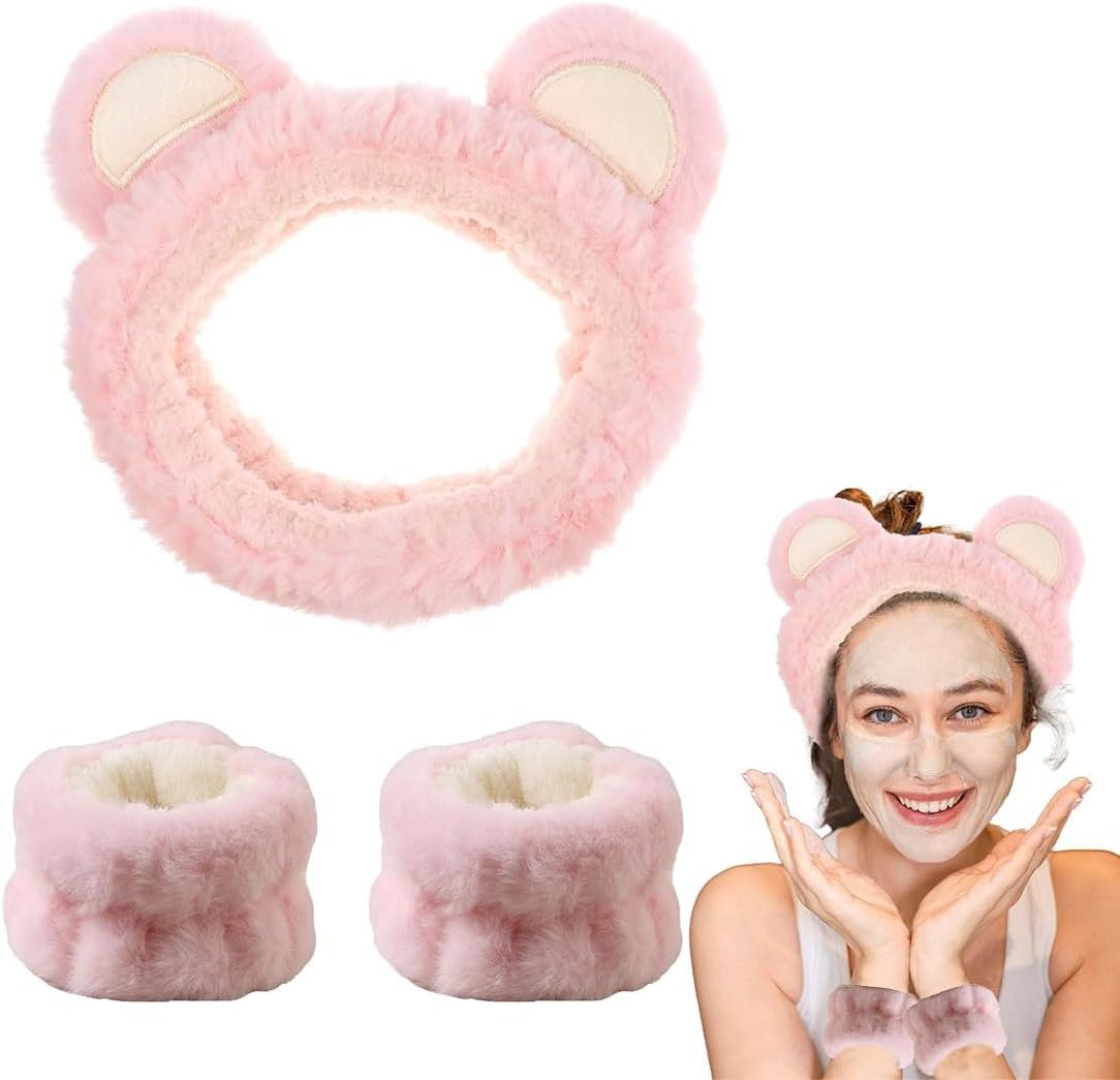 KSJEHW Spa Face Headband Wrist Wash Bands Set Soft Makeup Hair Band Elastic Wrist Sweatband Fluffy Cosmetic Headband for Women Girls (Pink, Bear Ears) image number 1