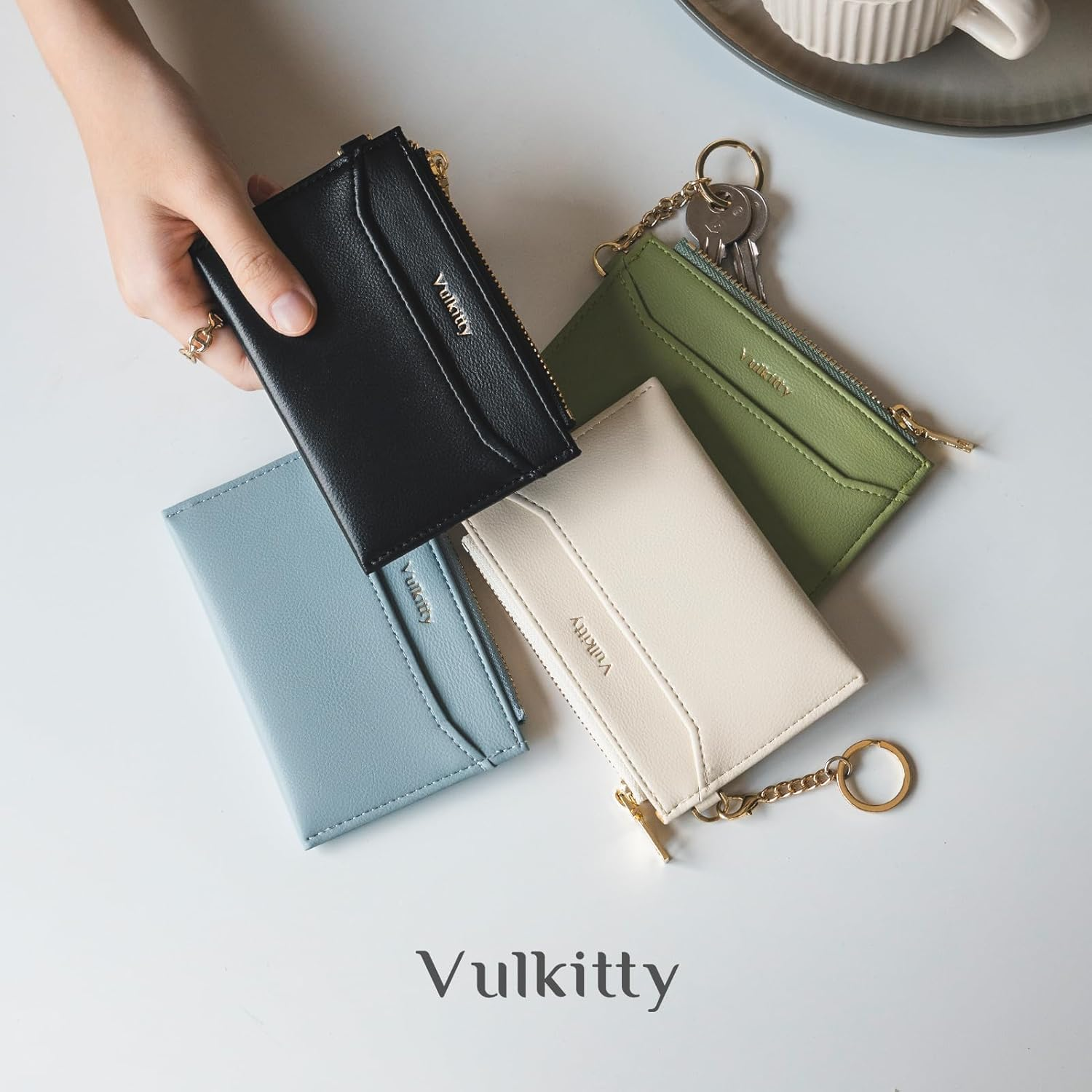 Vulkitty Slim Card Holder for Womem with Keychain and ID Window, Minimalist Wallet RFID Protected for Cards, Bills, Keys and Coins, Blue - Blue image number 6