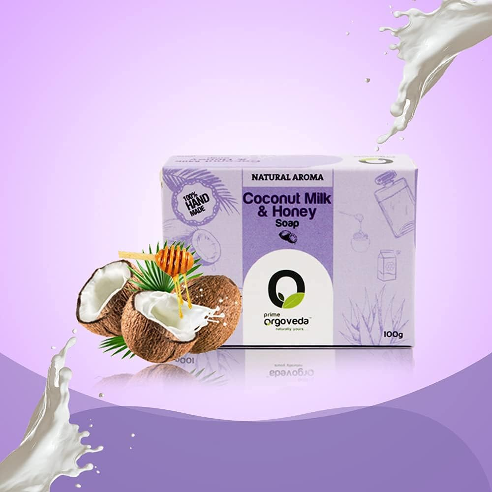 100% Natural Handmade Milk Honey Soap with Milk, Honey, Olive Oil, Coconut Oil, Sunflower Oil Free from Parabens, Sulphates and Mineral Oil | Prime Orgoveda | Softening Creamy Soap - 100G (Pack of 4) image number 1