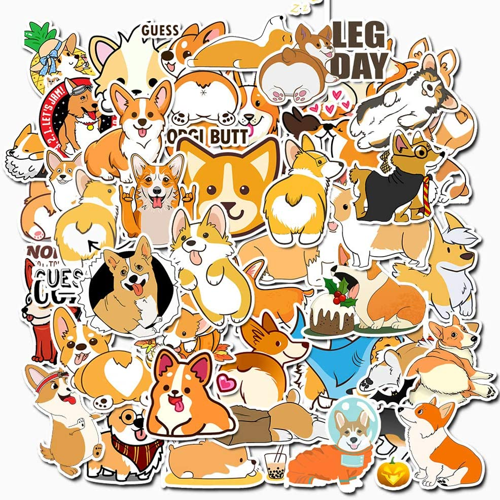 50 Pcs PVC Waterproof Laptop Stickers, Cute Corgi Animal Car Vinyl Decals Anti-Sunlight for Water Bottle Bumper Motorcycle Skateboard Luggage