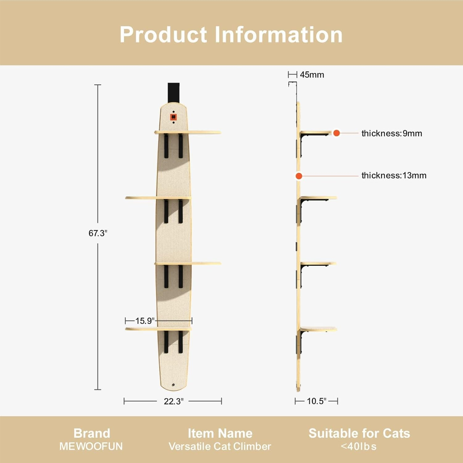 Door Hanging Cat Climber, Hangingcat Treedoor Mounted, 4-Levels Door Mounted Vertical Cat Tree Tower, with Carpeted Plank for Indoor Cats image number 4