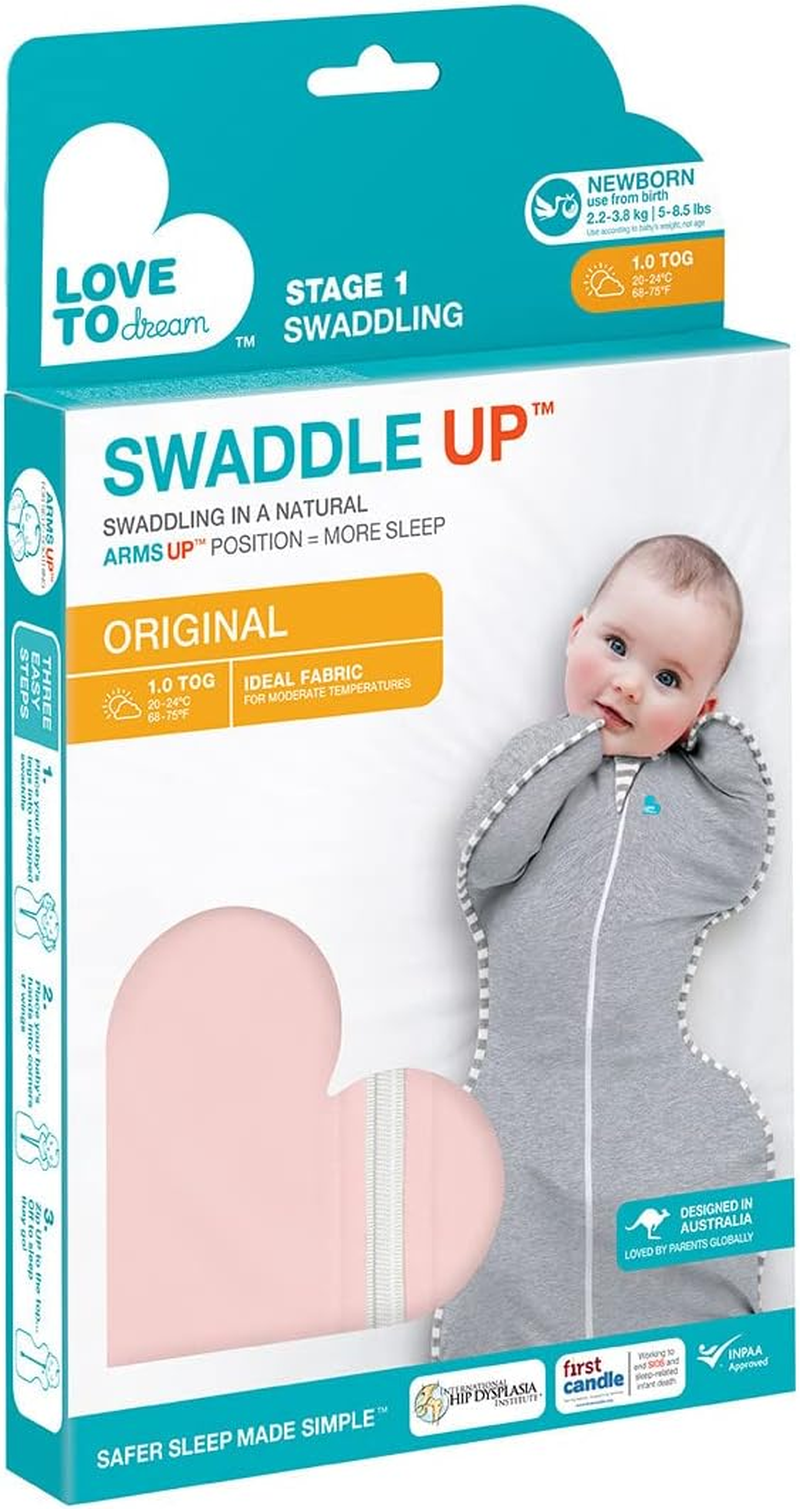 Love to Dream Swaddle up Original, Newborn (2.2-3.8Kg), Ideal for Moderate Room Temperatures (20-24&deg;C), 1.0 TOG, Arms up Position, Twin Zipper for Easy Nappy Changes, Pink