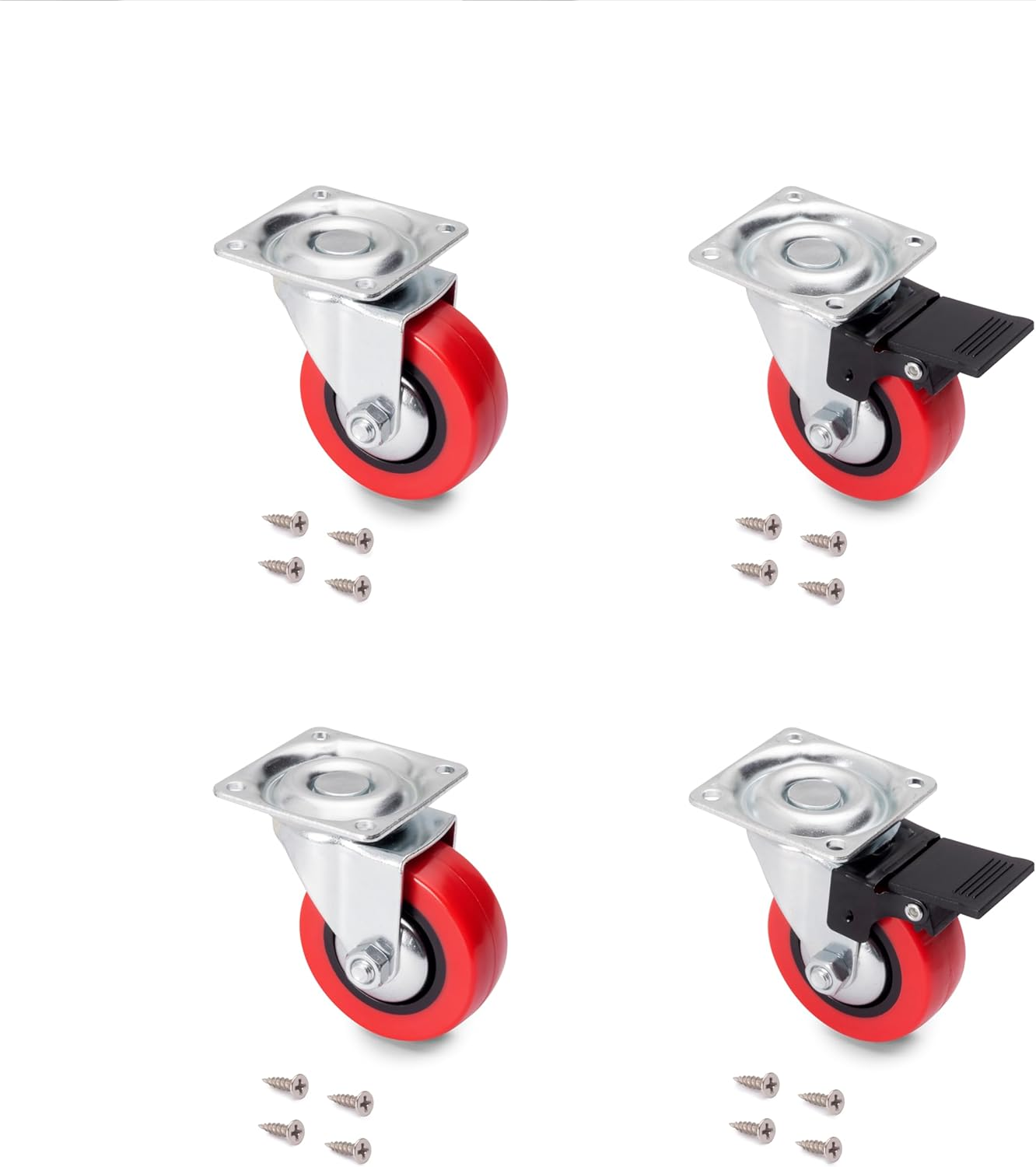Emuca - Pack of 4 Grey Swivel Castors for Furniture (2 with Brake and 2 without Brake) 50Mm(1,96 Inch) Diameter with M8X15 Bolt and Ball Bearings