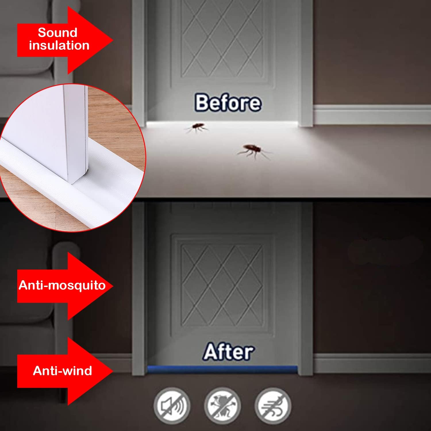 Twin Draft Stoppers for Bottom of Doors, Windproof Dustproof Mosquito-Proof under Door Draft Stopper, Door Draft Blocker Reduction Windshield Energy Saving under Door Seal Strip(White) - Black image number 4