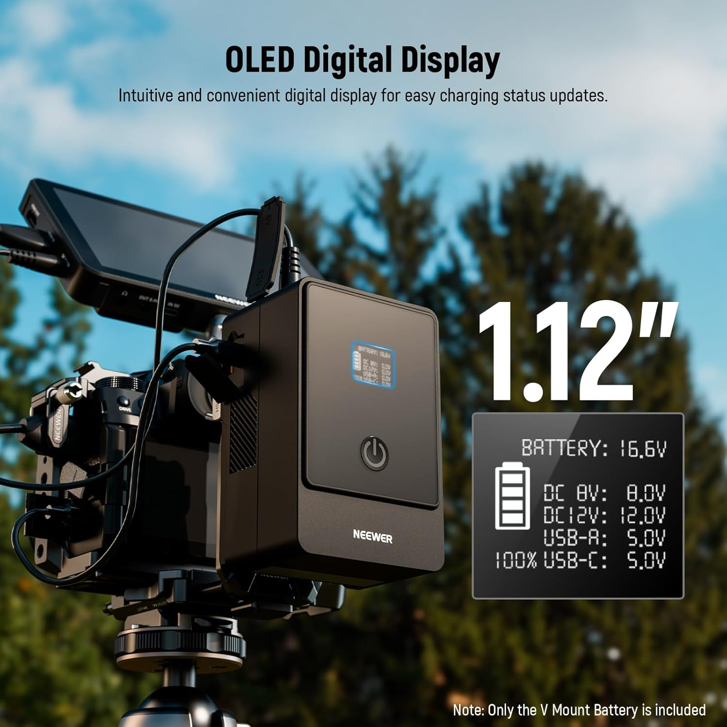 NEEWER PS099E Mini V Mount Battery, 6800Mah 99Wh 14.5V Mini V Lock Battery with D Tap Cable/Bp/65W PD Type C/USB A/Dual DC/OLED Display for Video Camera Camcorder, Compatible with Smallrig BMPCC 4K 6K image number 5
