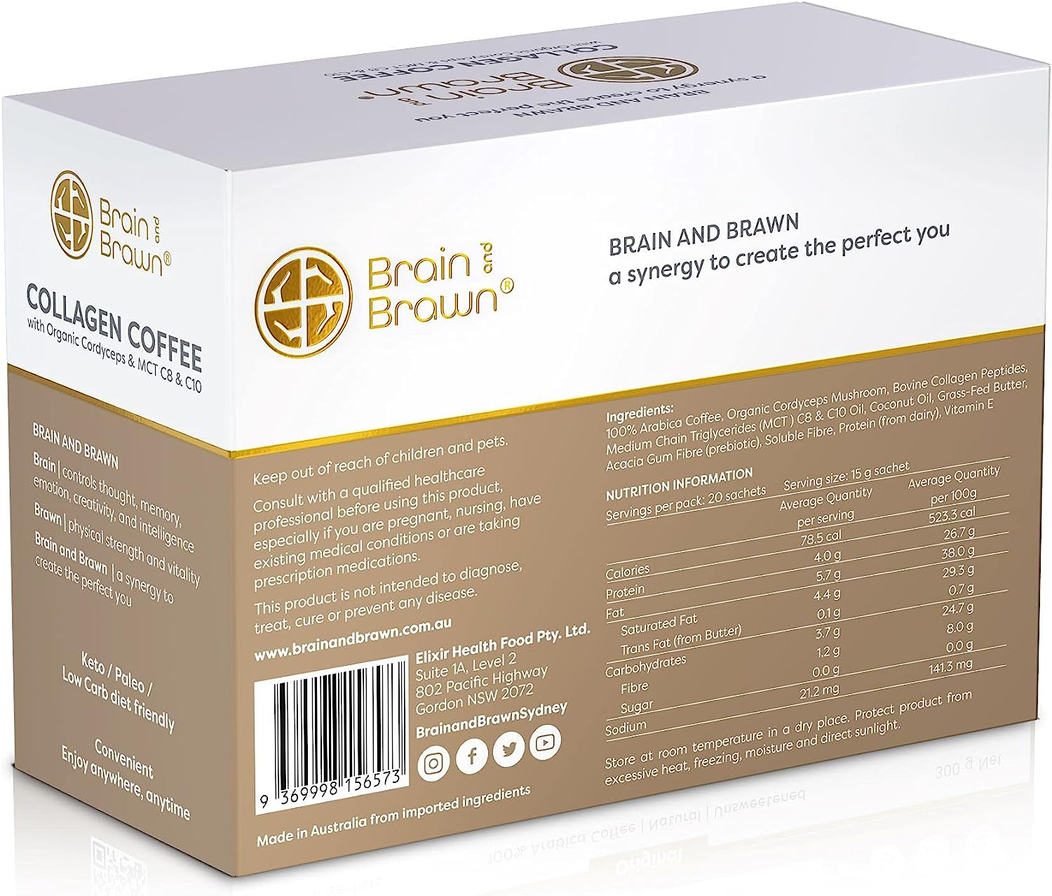 Brain and Brawn Synergy Collagen Coffee (20 X 15G Sachet) with Organic Cordyceps and Collagen Peptides for Skin, Hair and Nail Health, MCT Oil, Organic Cordyceps and Acacia Fibre, 100% Arabica Coffee, Unsweetened, All-In-One Beauty Coffee 300G (20 Serves) image number 4