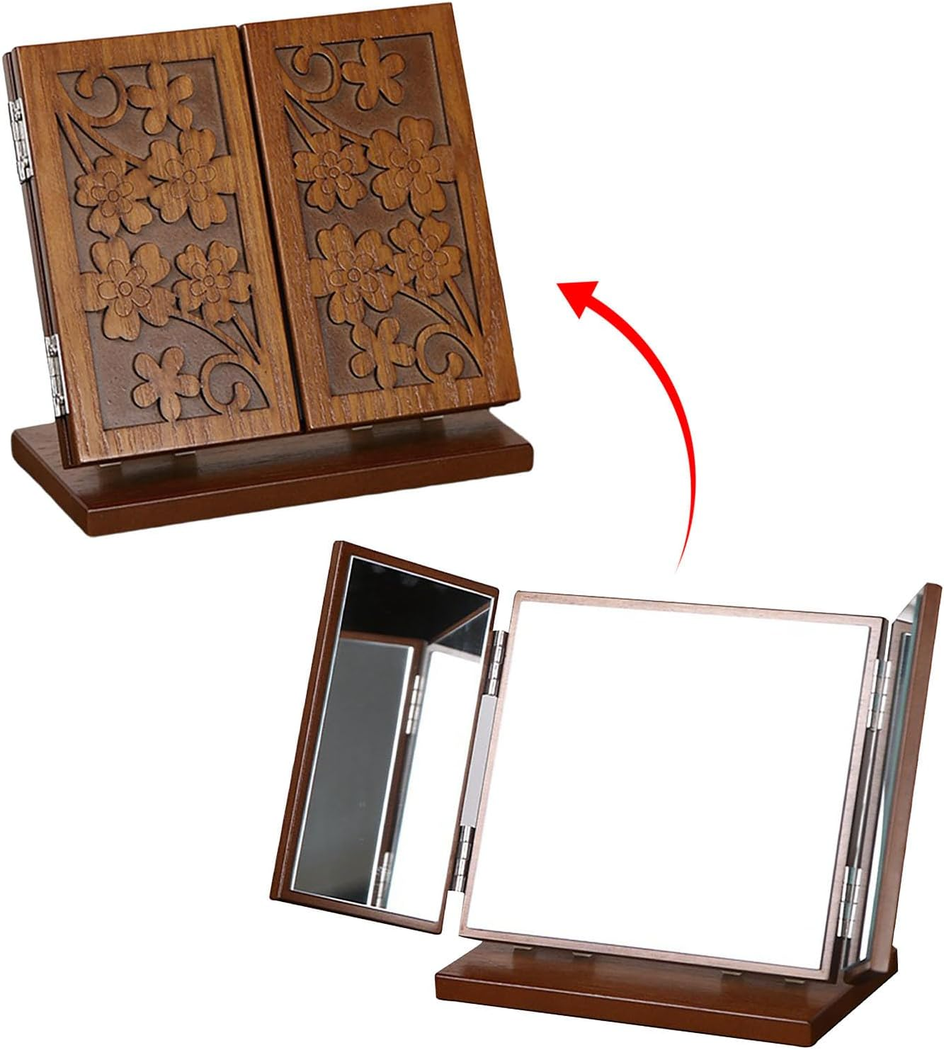 OKUMEYR Wooden Foldable Three-Sided Desktop Makeup Mirror with Clover Carving, Vintage Style Cosmetic Mirror for Indoor Vanity and Girl Makeup Tool, Cherry Wood Color image number 4