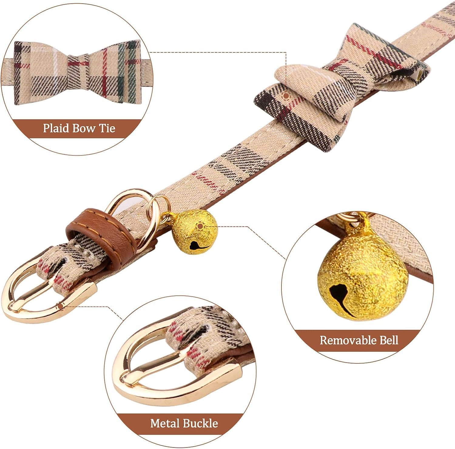 3 PCS Dog Collars for Small Puppy Collar and Leash Set, Bow Tie with Bell, Bandana Leather for Small Dogs Puppies and Cats(Beige) image number 1