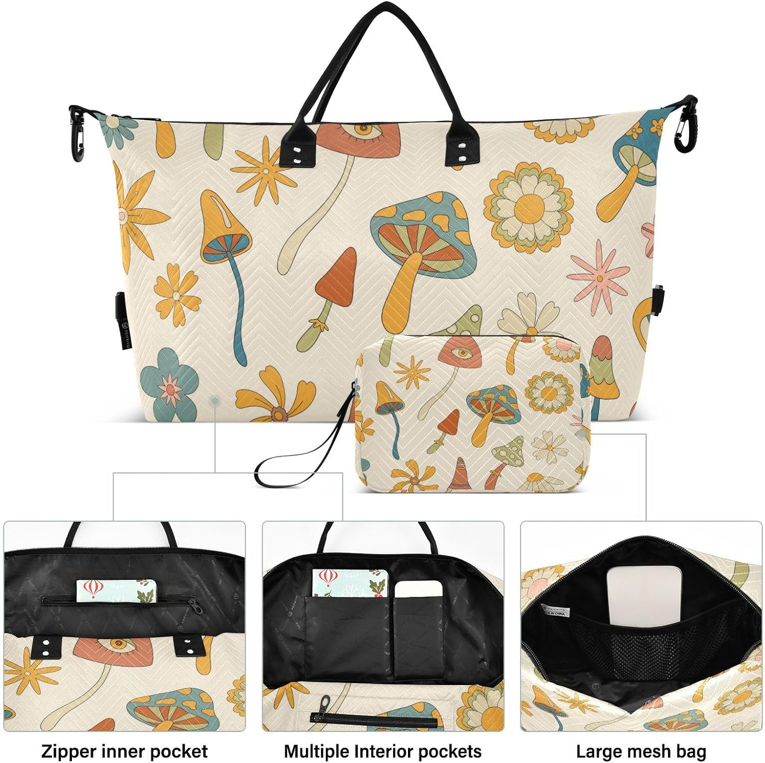 Oversized Travel Duffel Bag Travel Weekender Gear Bag Retro Woodland Mushrooms Flowers Gym Tote Bag with Adjustable, Retro Woodland Mushrooms Flowers, Set of 2, Art Deco image number 6