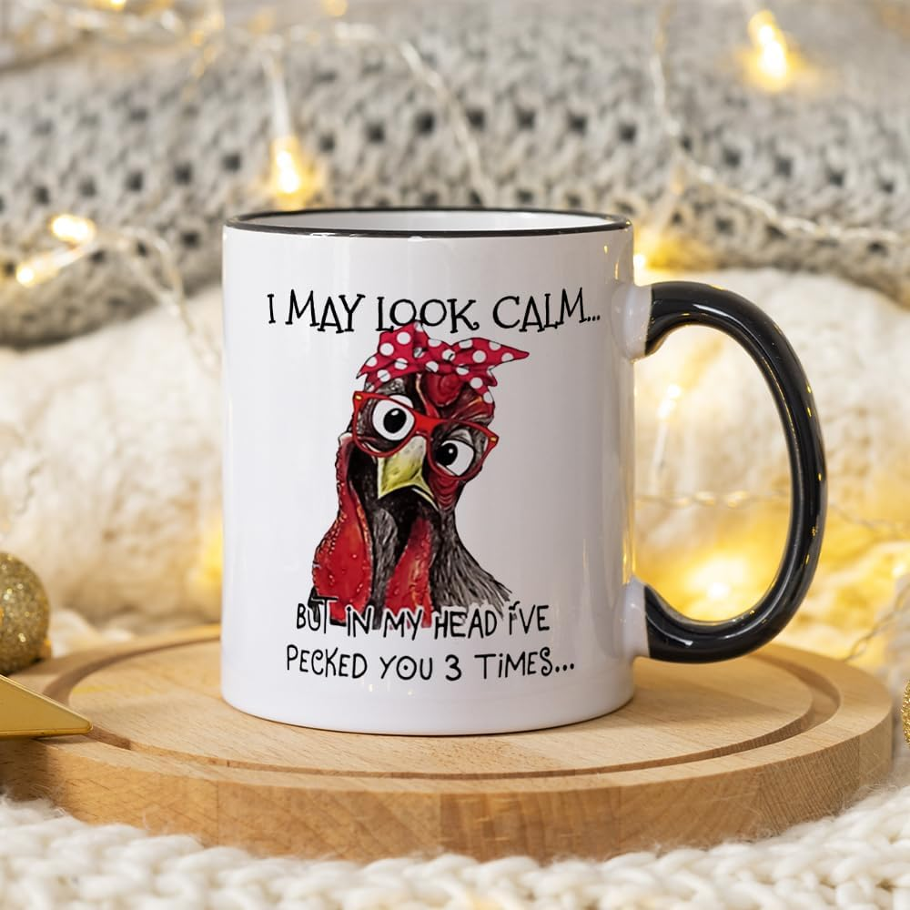 Fatbaby Funny Chicken Rooster Gift Mug for Farmer,Farmhouse Chicken Lover Mug for Women,I May Look Calm but in My Head I'Ve Pecked You 3 Times Ceramic Coffee Cup 11OZ image number 3