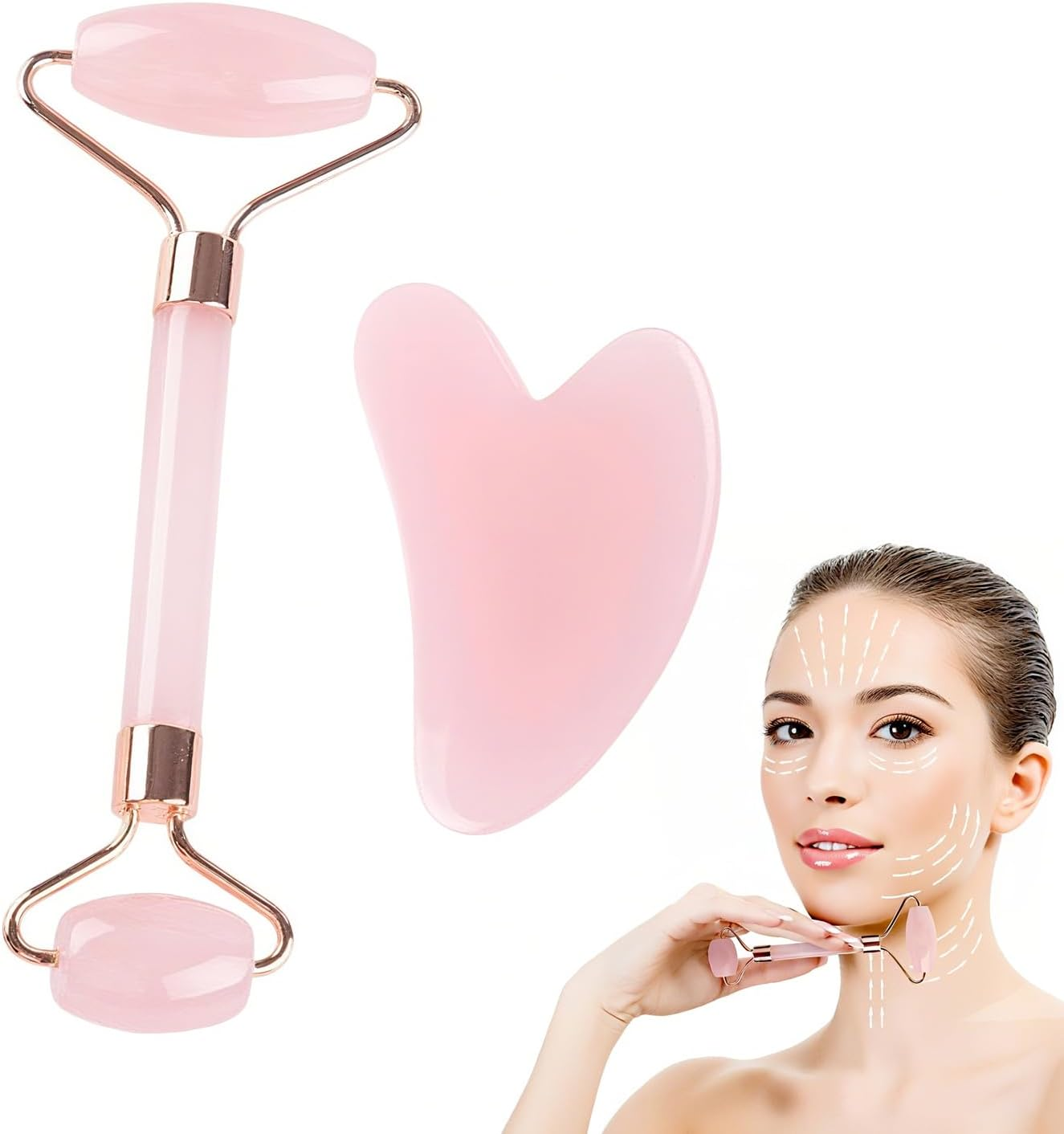 Xinghonyac Jade Roller & Gua Sha Set, Face Roller Massager for Skin Care anti Aging, De-Puffing, Detoxifying, Brightening, and Refreshes Skin Tool(Pink)