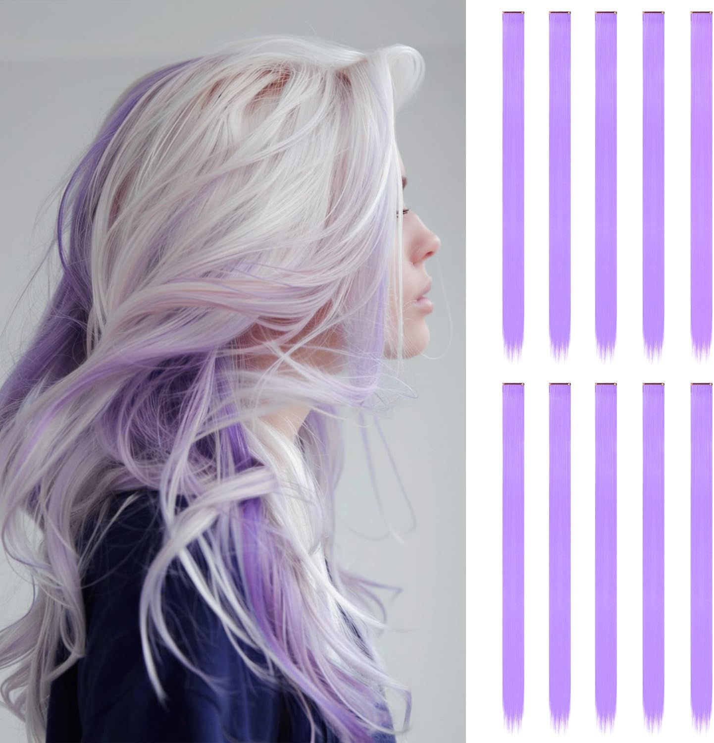 10 Pcs Purple Hair Extensions | 22 in Long Straight Fake Hair | Clip in Hair Extension | Hair Accessories for Girls (Light Purple)