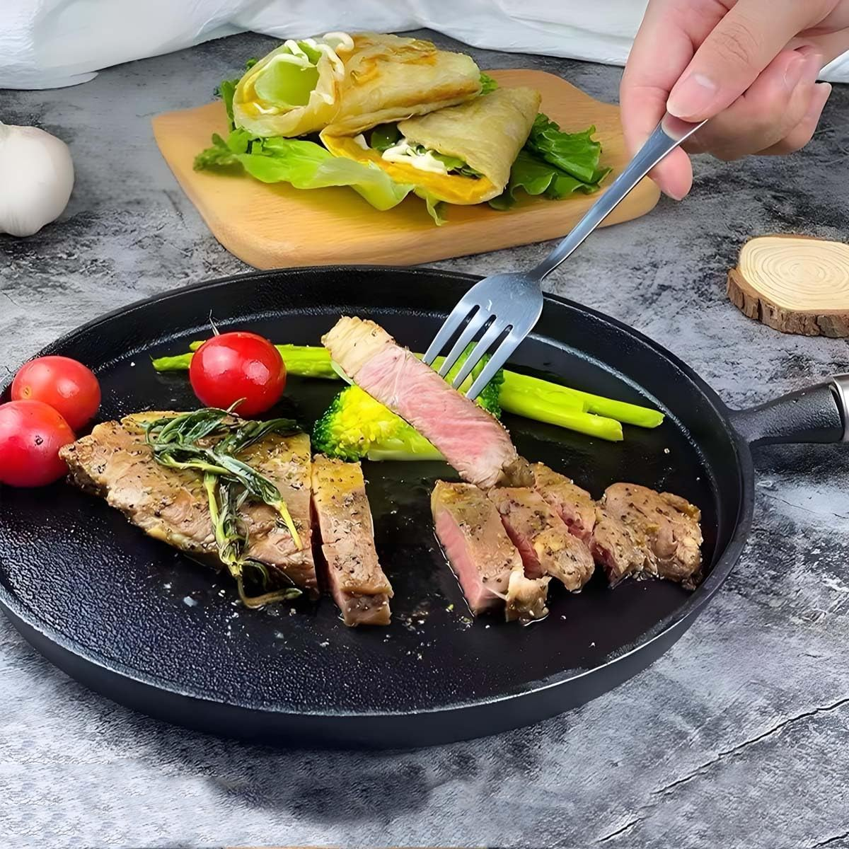 Cast Iron Flat Pan,Frying Pan, Skillet, Non Stick, Wooden Handle,Iron Pot, Flat Bottomed Pan (Simple 25Cm) image number 1