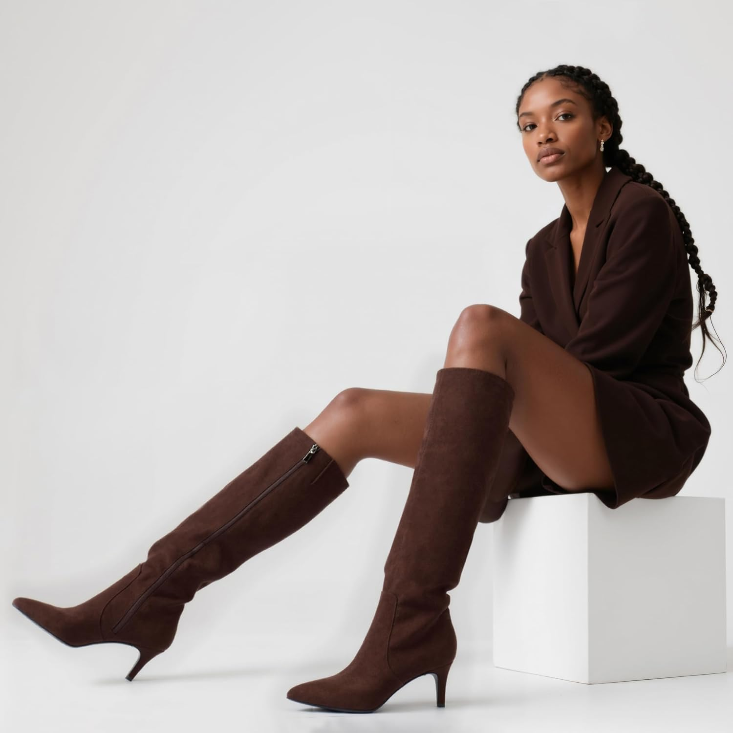 QIY Knee High Boots Women Tall Boots Pointed Toe Kitten Heel Boots for Women Side Zipper Long Fall Boots Women Knee High Boots Size 6-11 image number 3