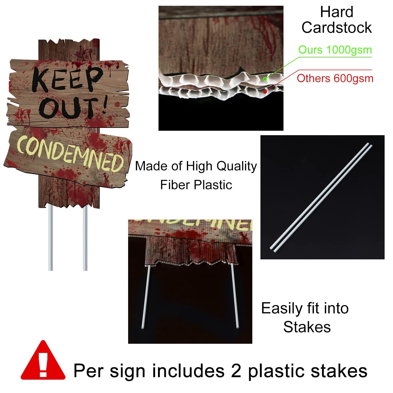 Halloween Decorations Outdoor Beware Yard Signs Stakes, Creepy Warning Blood Signs with Stakes for Halloween, Halloween Party Decor, Scary Zombie Vampire Grave Halloween Decoration image number 2