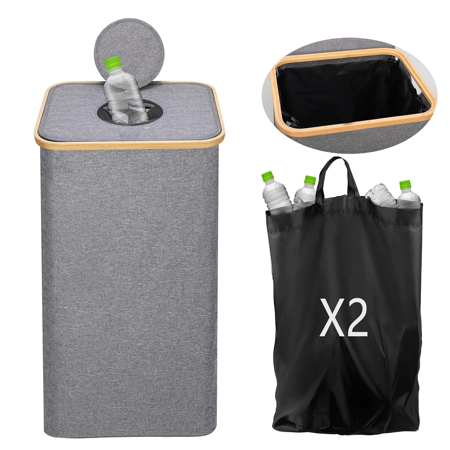 HOTOIQ Recycling Bin for Kitchen Home, Reusable Separate Recycling Bin Organizer,100L Recycling Waste Trash Sorting Organizer for Collecting Empties and Glass Waste,Deposit Bottles,Waterproof(Grey) image number 1